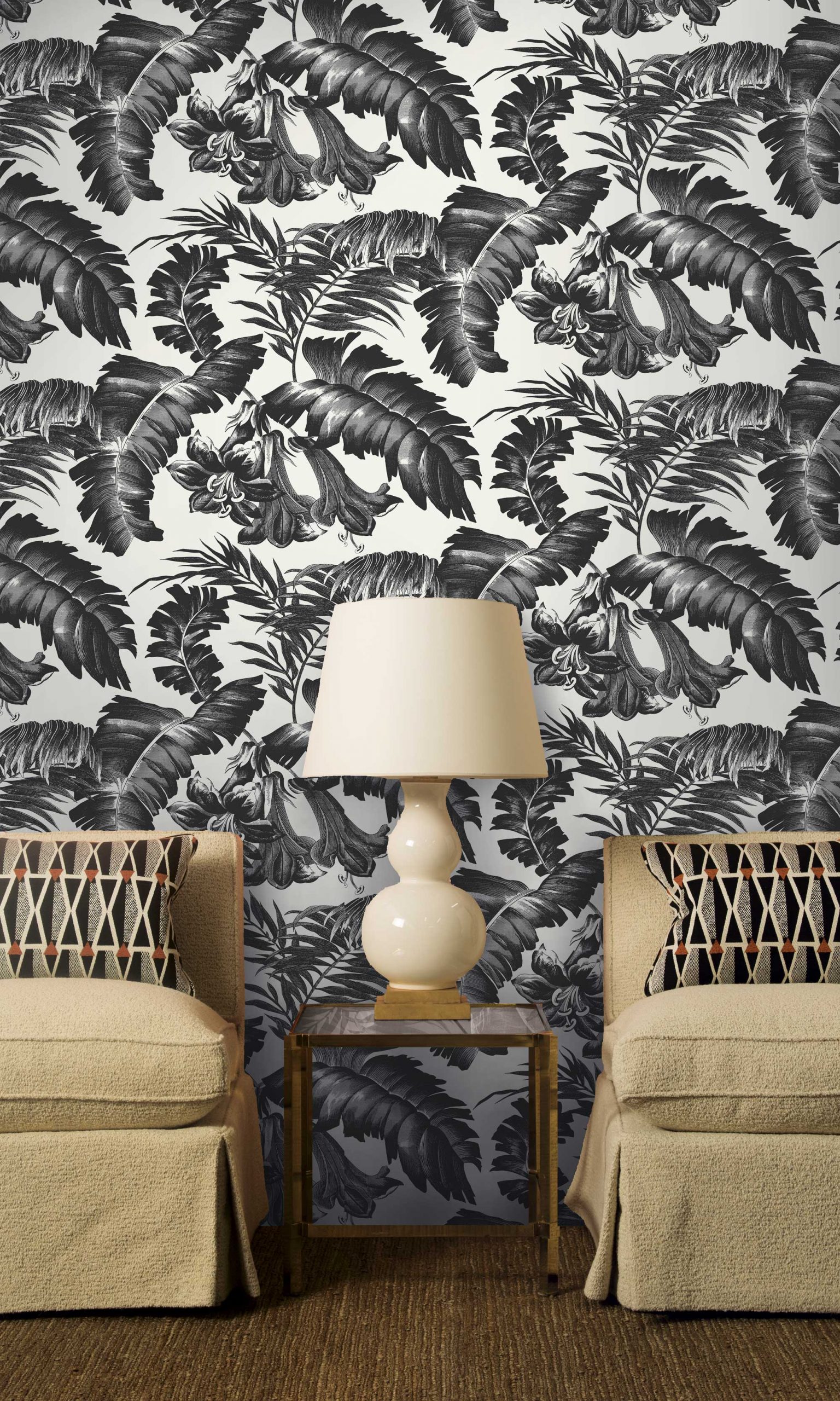Papel pintado vinílico Plantation Negro colección Librería Gastón y Daniela vegetal naturaleza hojas decoración salón dormitorio baño cocina