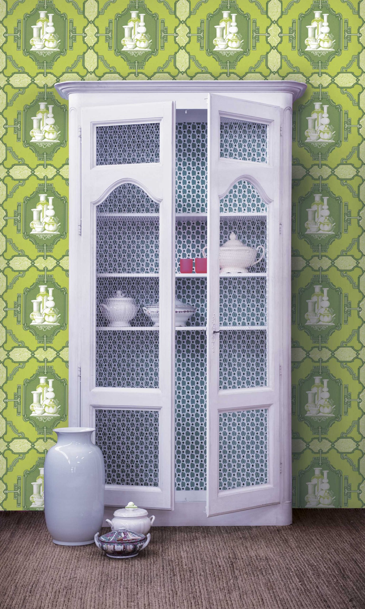 Papel pintado Porcelanas verde azul colección Librería Gastón y Daniela singular papel tejido no tejido decoración casa dormitorio baño cocina