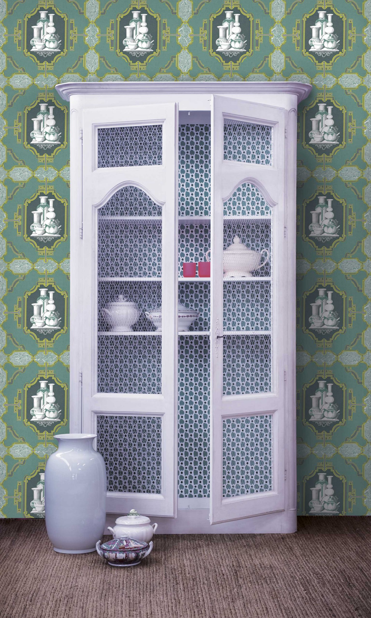 Papel pintado Porcelanas verde oscuro azul colección Librería Gastón y Daniela singular papel tejido no tejido decoración casa dormitorio baño cocina
