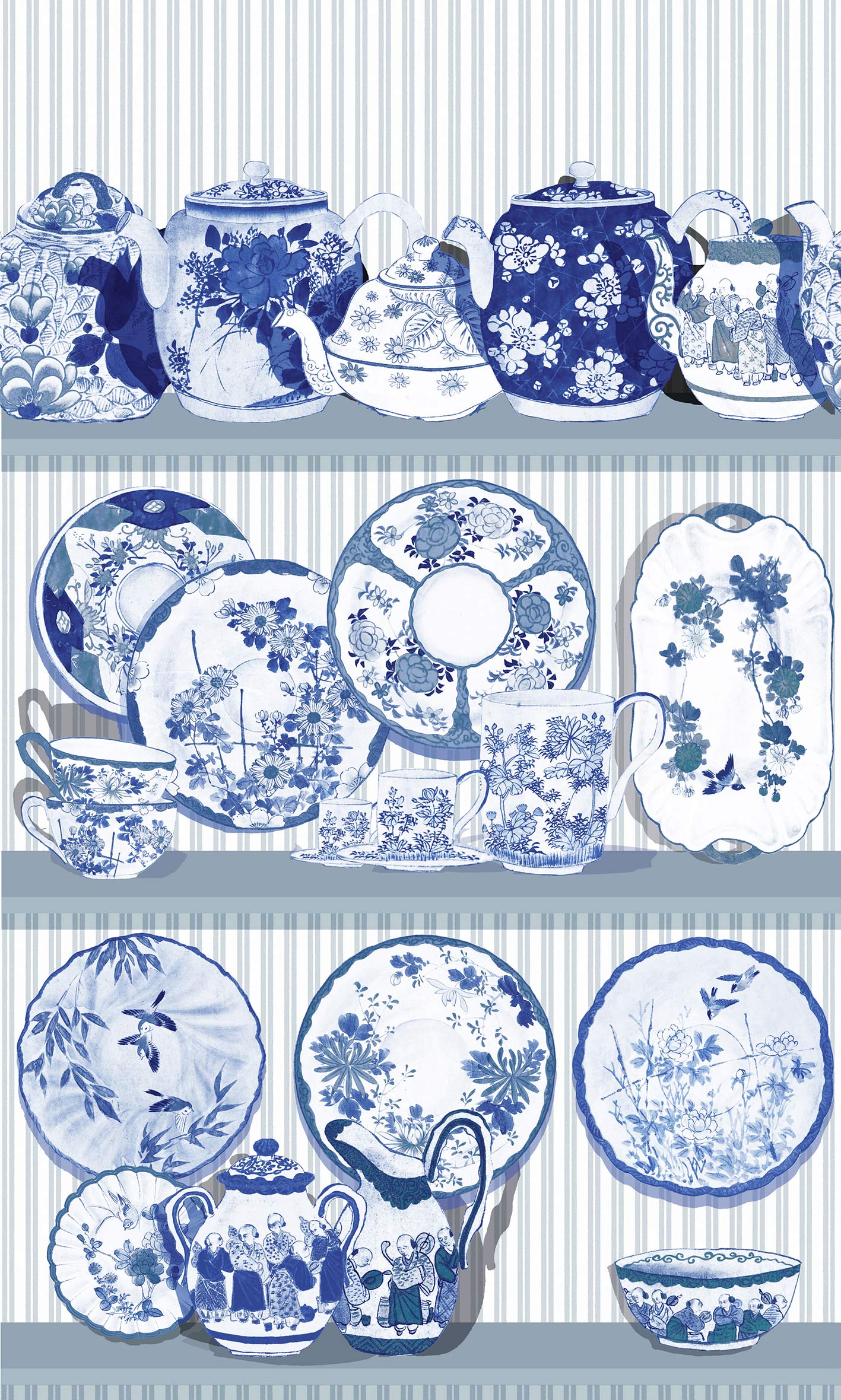 GDW-5769-002 Teatime azul blanco papel pintado gastón y daniela vajilla figuras cocina decoración casa