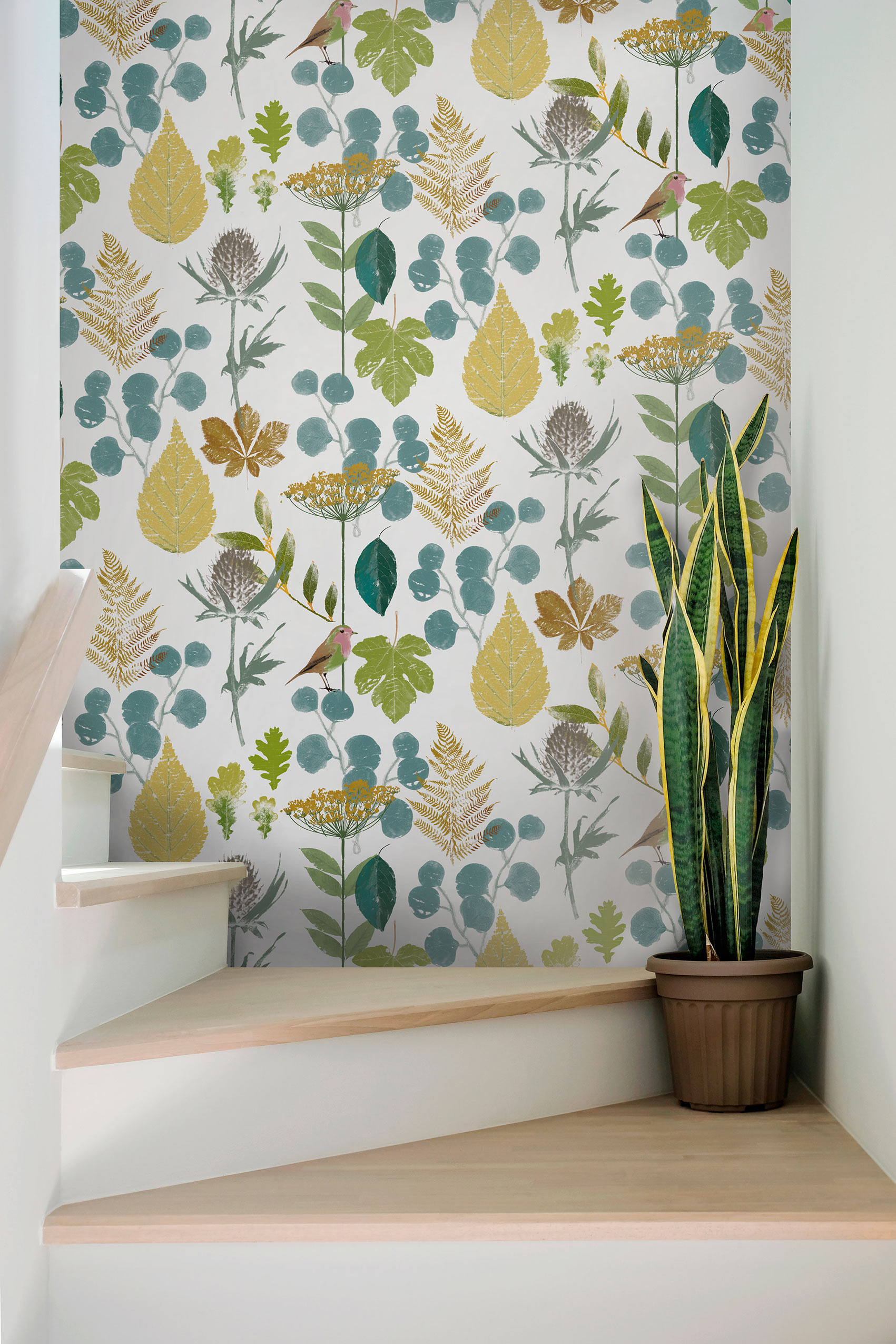 Herbarium papel pintado gastón y daniela botánico verde blanco amarillo decoración comedor salón dormitorio