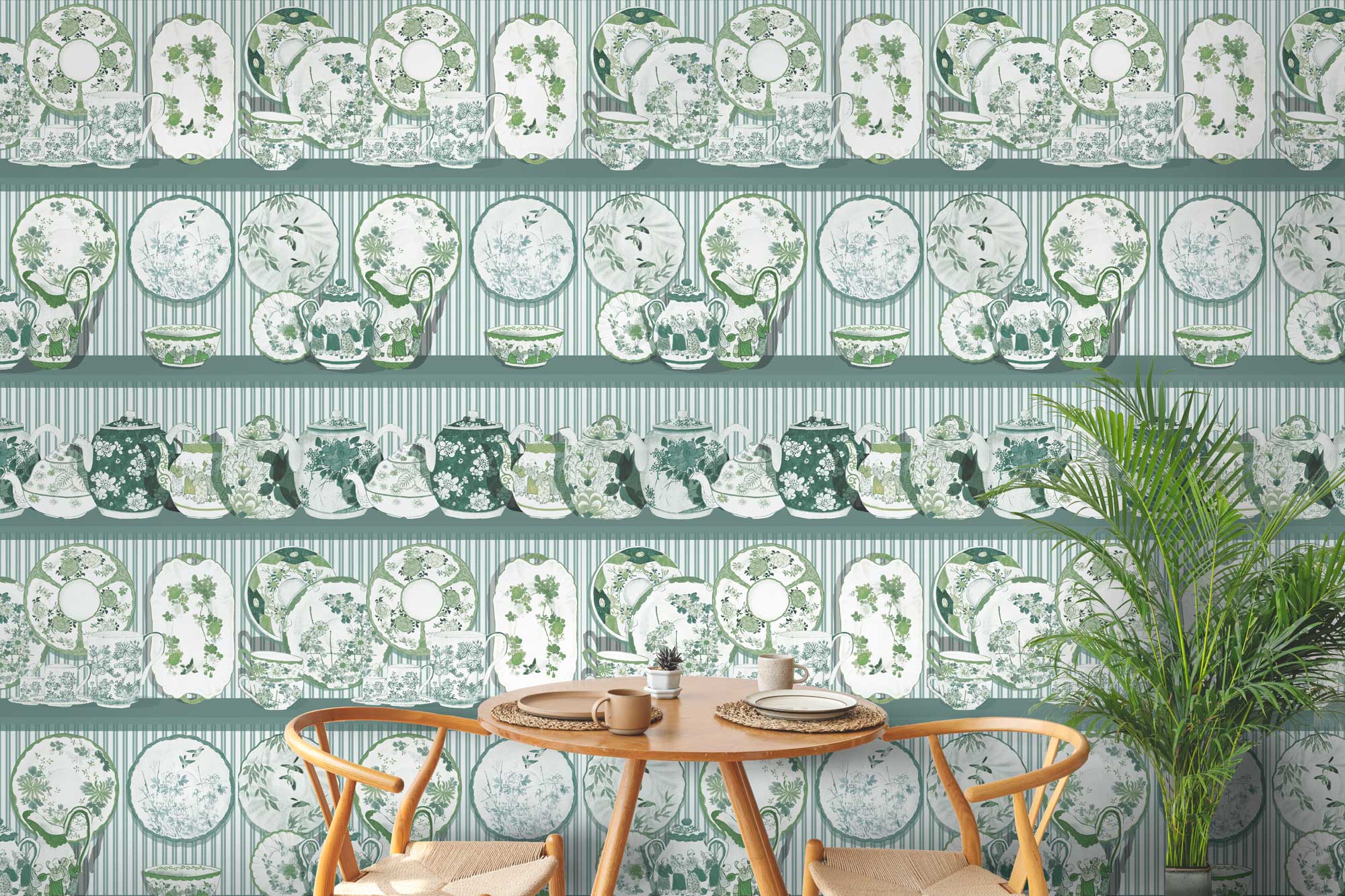 Papel pintado Tea Time Verde Gastón y Daniela. Diseño vajillas decoración cocina comedor casa. Papel tejido no tejido gastón y daniela