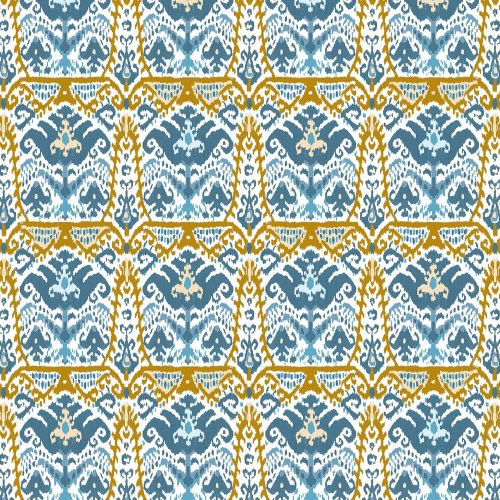 GDT-5793-003 Tela Doga oro y azul de gastón y daniela con diseño ikat. Estampado de algodón para tapicería. Decoración de interiores.