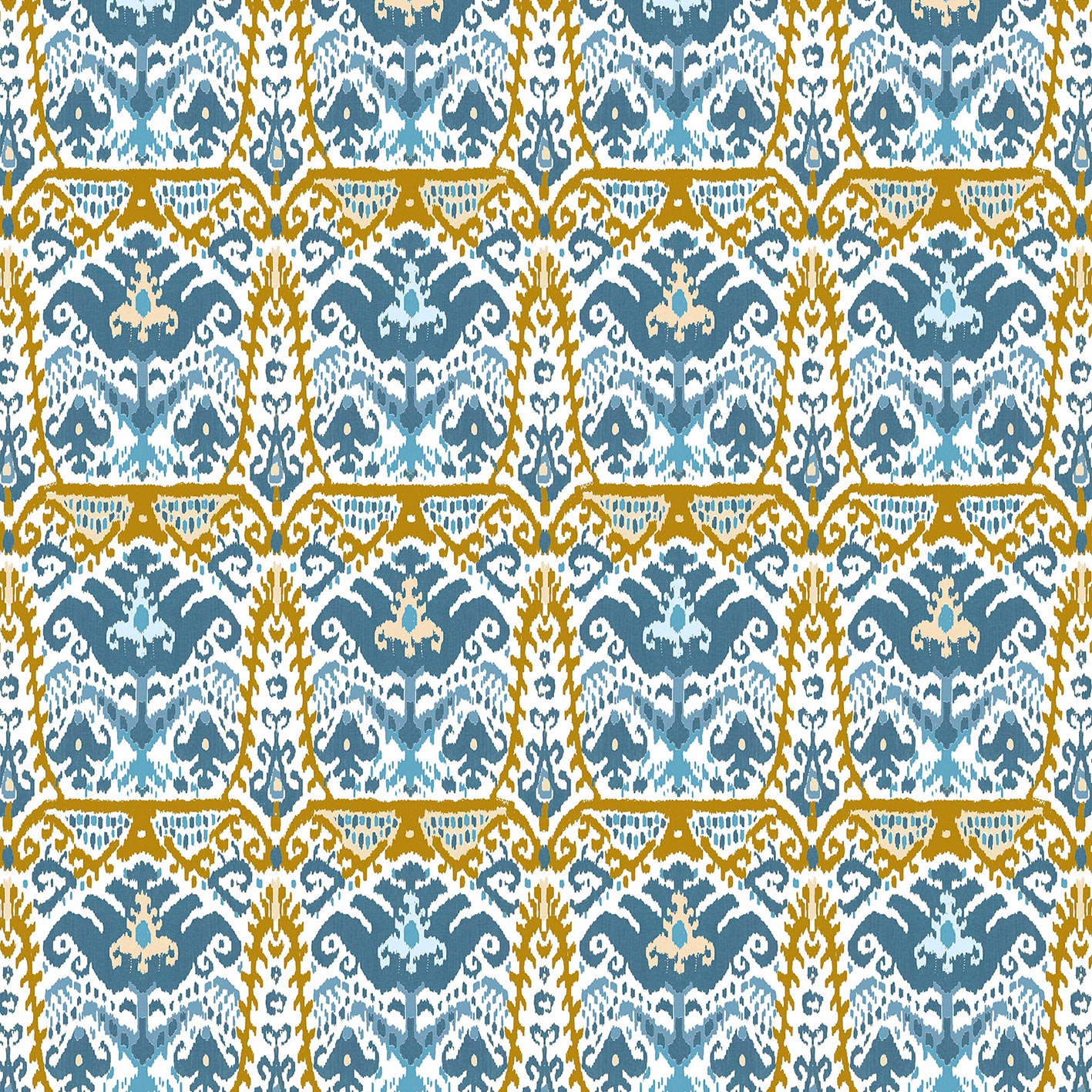 GDT-5793-003 Tela Doga oro y azul de gastón y daniela con diseño ikat. Estampado de algodón para tapicería. Decoración de interiores.