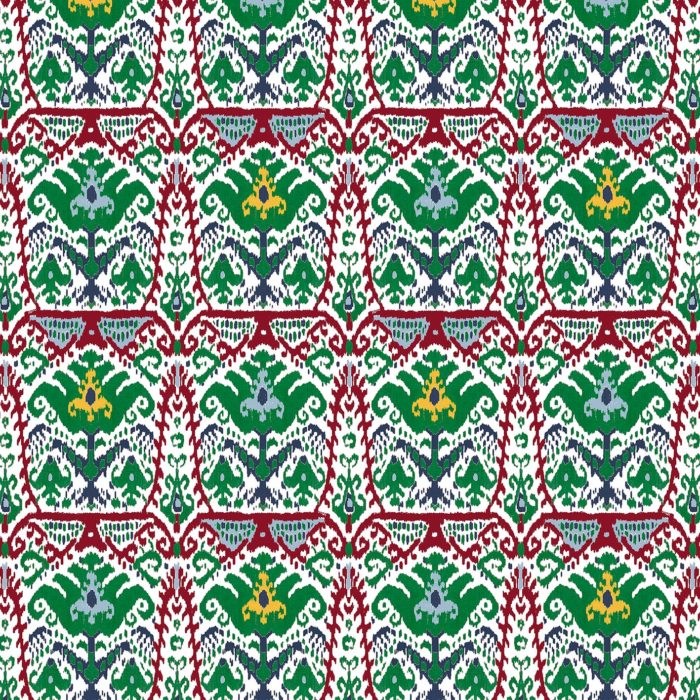 GDT-5793-005 Tela Doga rojo y verde de gastón y daniela con diseño ikat. Estampado de algodón para tapicería. Decoración de interiores.