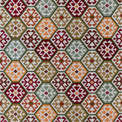 GDT-5796-001 Tela Tesalonica Rojo y verde de Gaston y Daniela. Diseño etnico y geometrico para tapiceria. Decoracion de interiores.