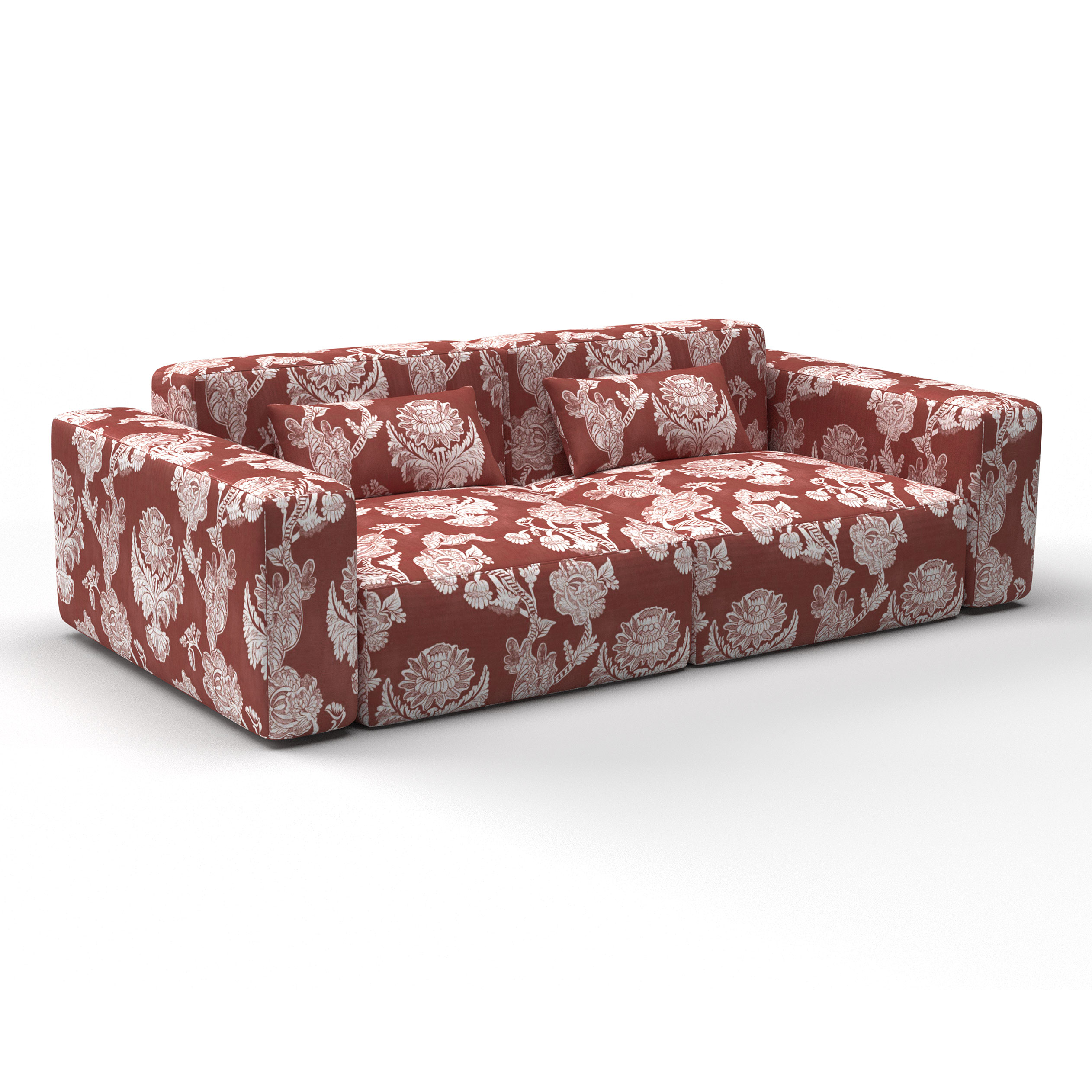 sofá chitina rojo decoración Lorenzo Castillo telas damasco floral tapizado