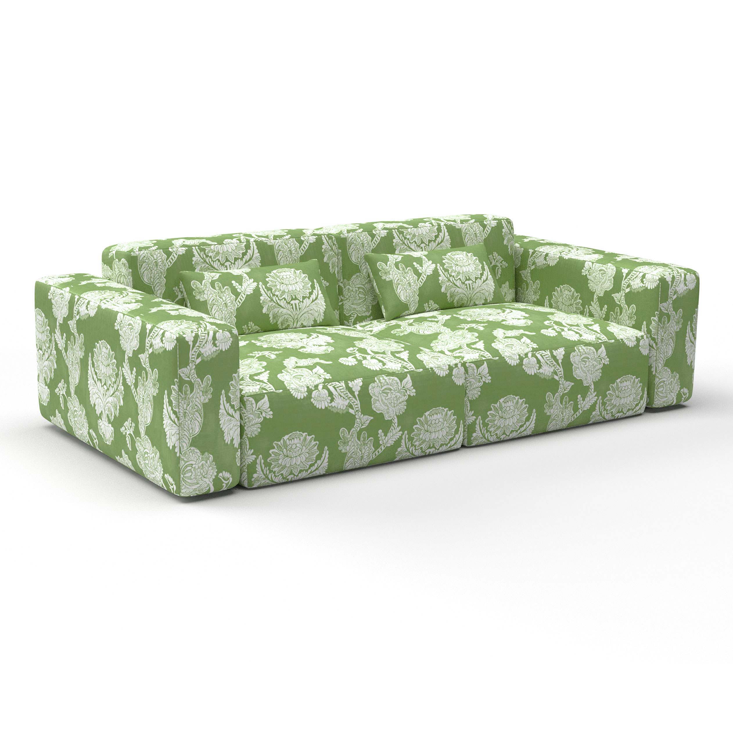 sofá chitina verde decoración Lorenzo Castillo telas damasco floral tapizado