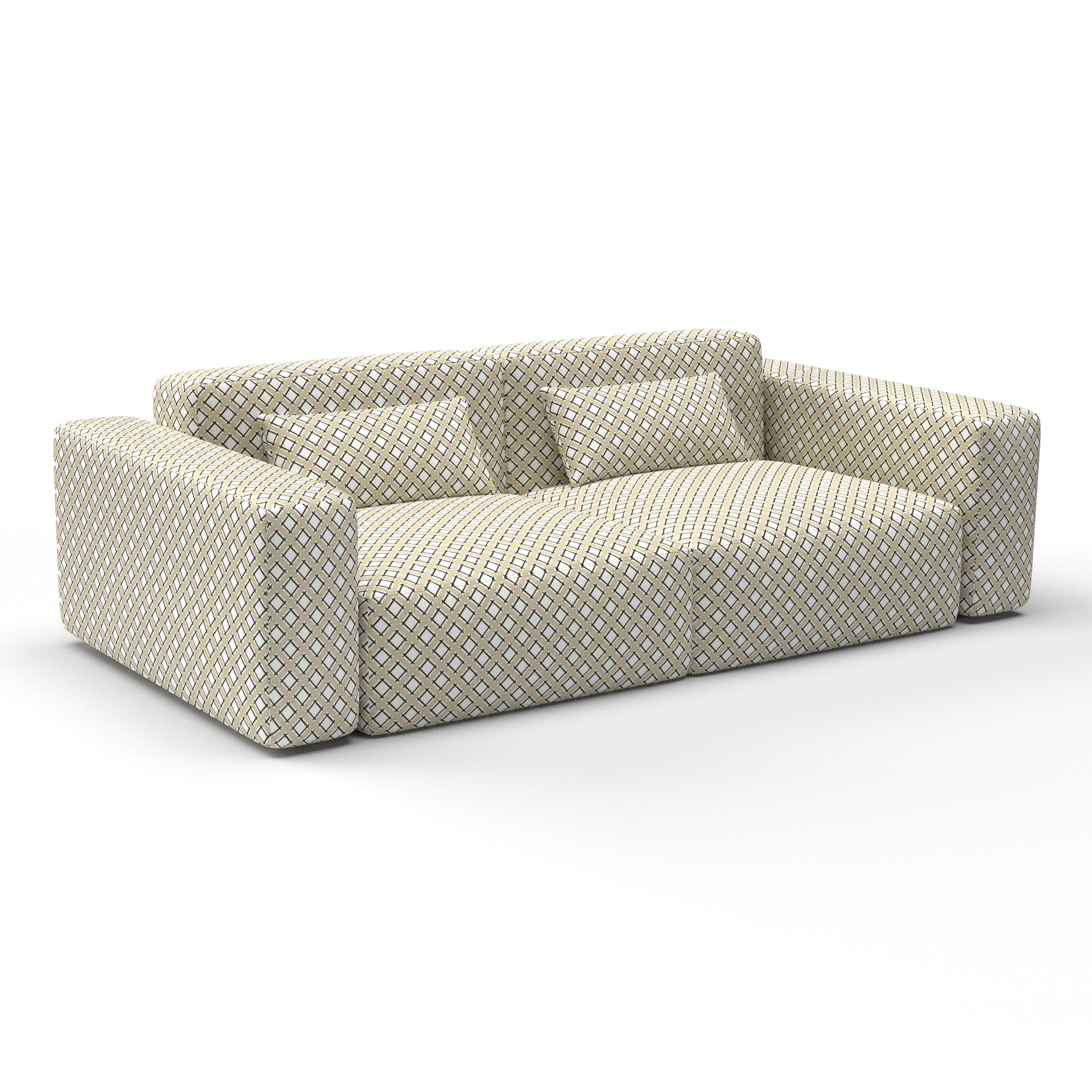 sofá trellis beige decoración Gastón y Daniela telas geométrico tapizado