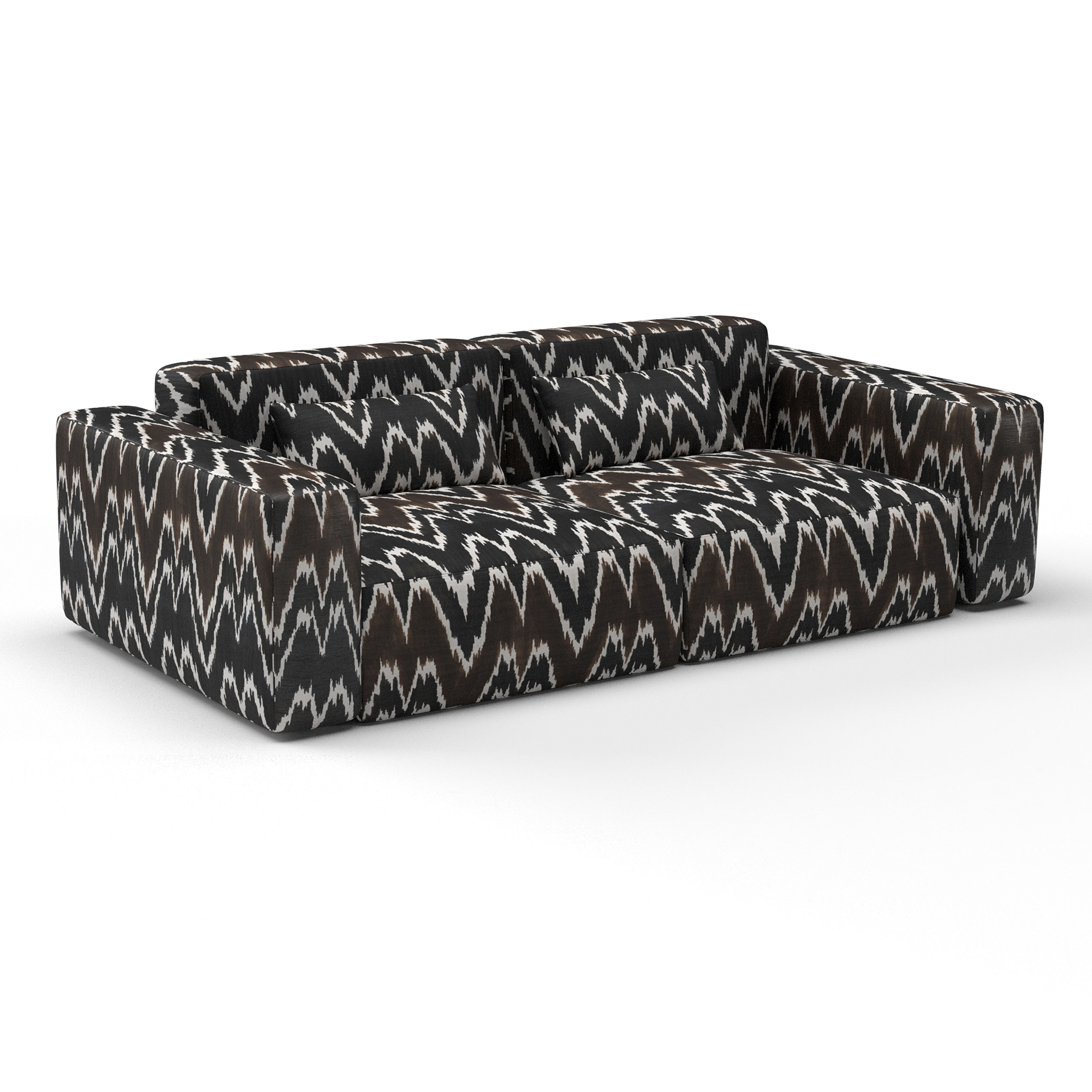 Sofá Alejandro marino chocolate decoración Lorenzo Castillo telas ikat tapizado