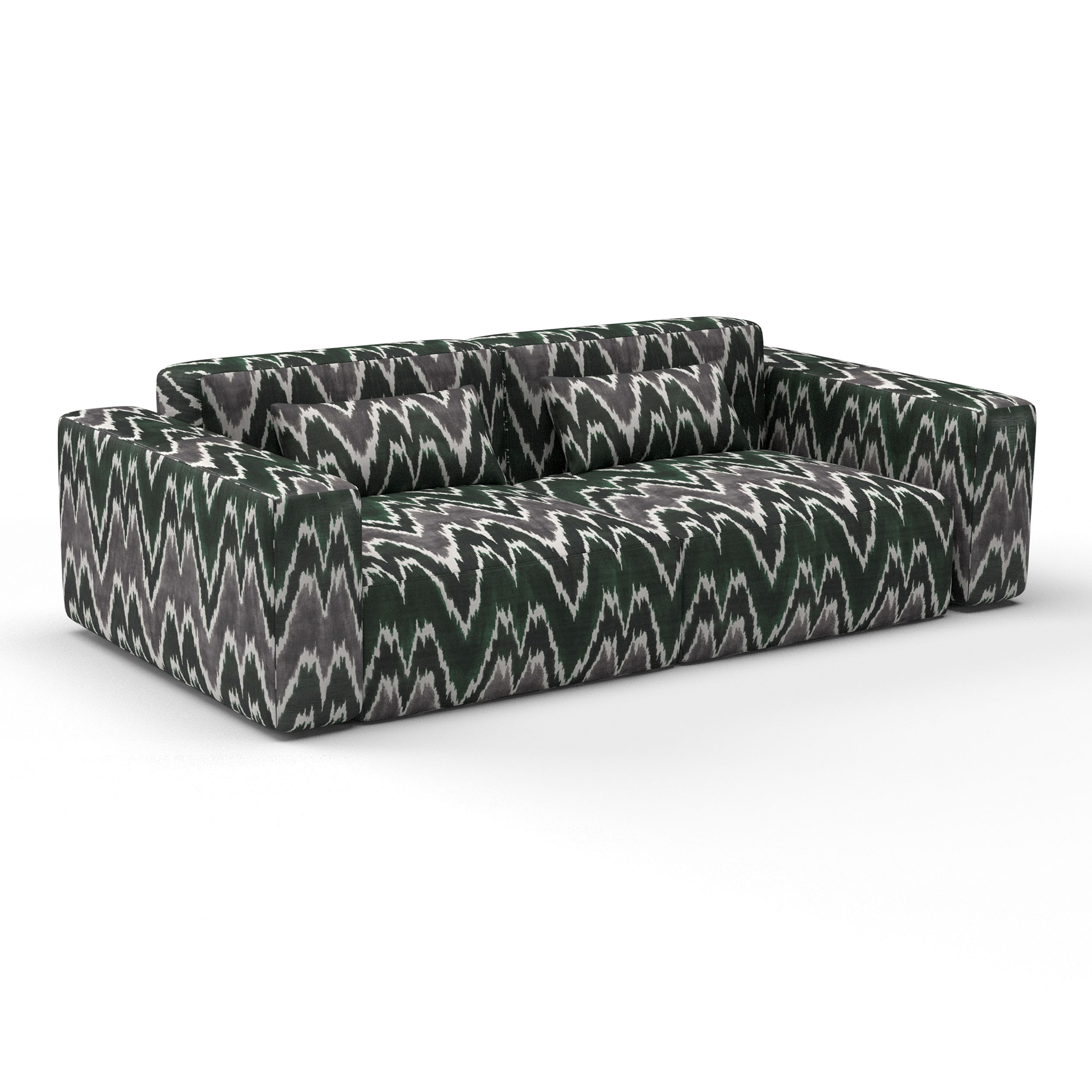 Sofá Alejandro verde gris decoración Lorenzo Castillo telas ikat tapizado