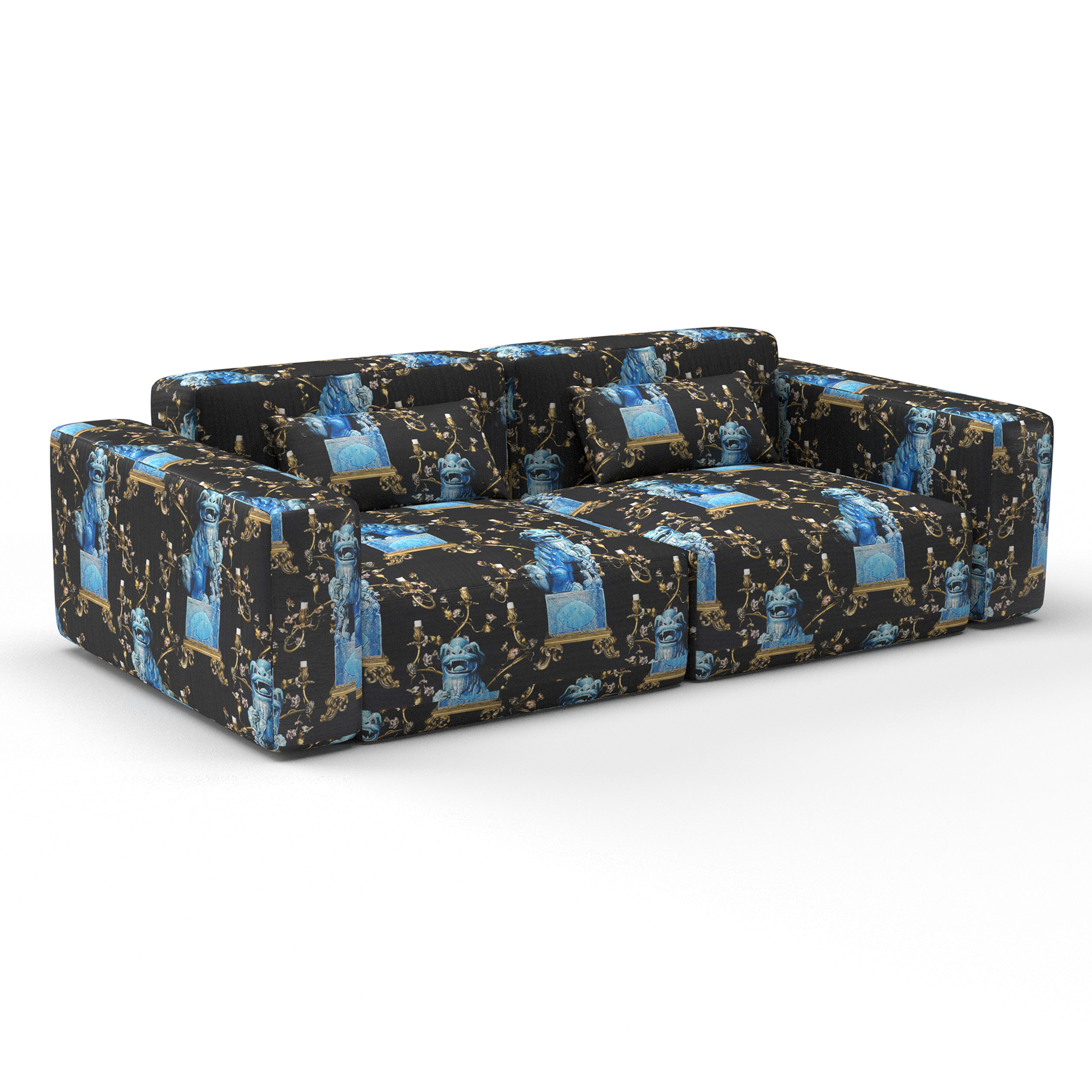 Sofá Chien negro azul decoración Lorenzo Castillo telas estampado tapizado
