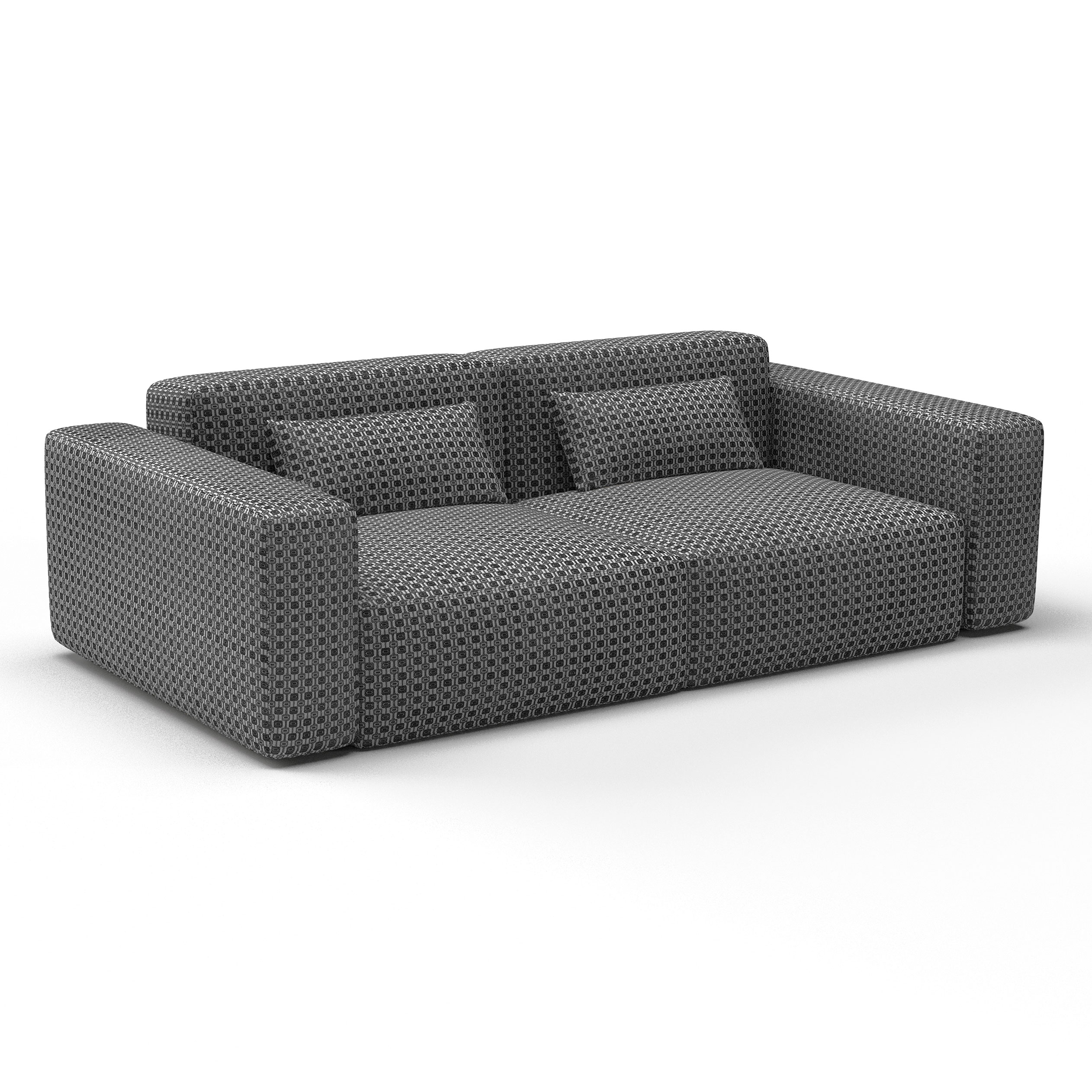 Sofá Inés gris negro decoración Lorenzo Castillo telas falso liso geométrico tapizado