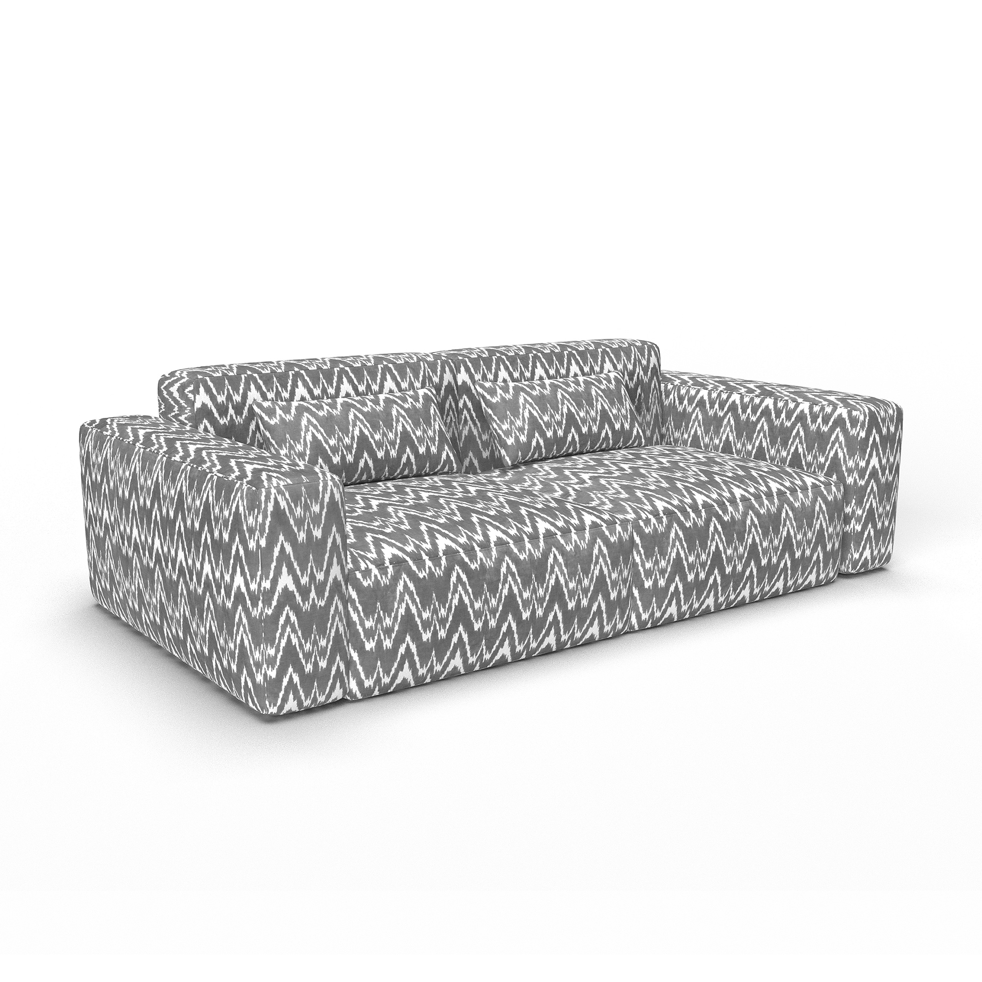 Sofá Janano gris decoración Lorenzo Castillo telas geométrico ikat tapizado