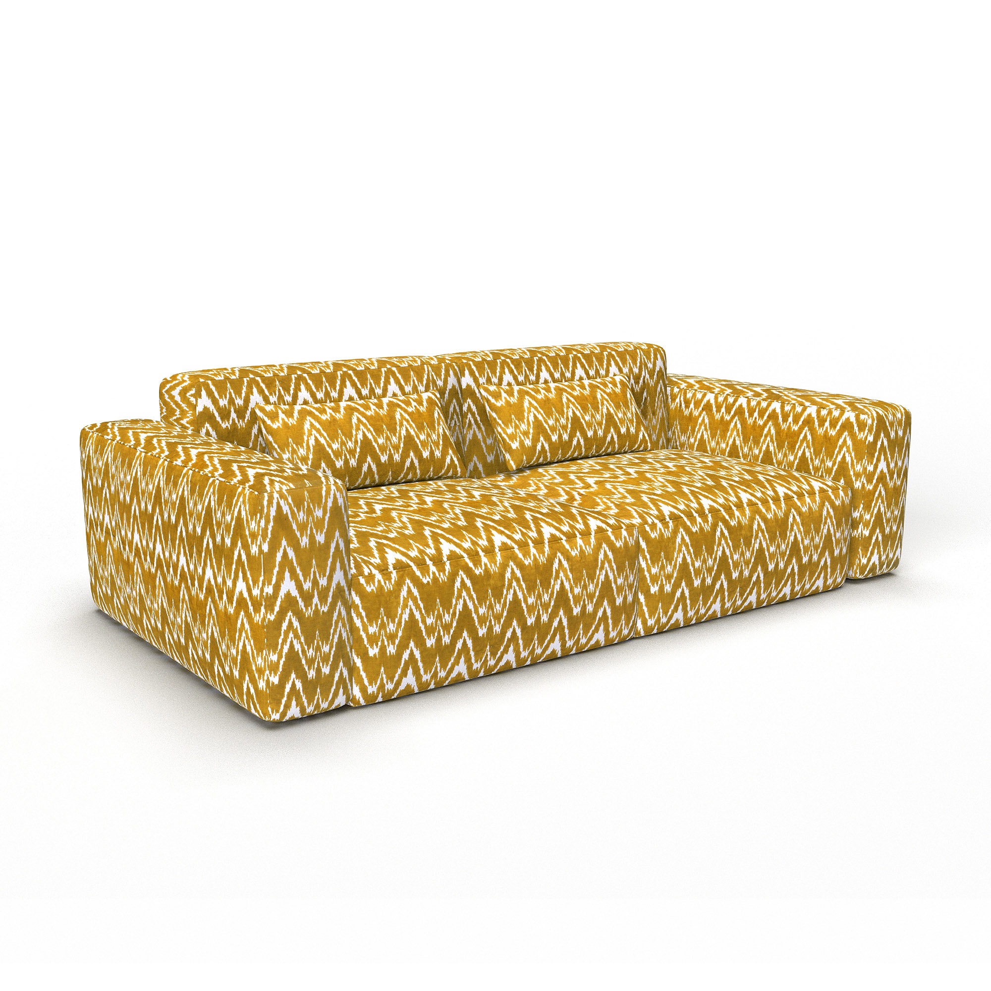 Sofá Janano oro decoración Lorenzo Castillo telas geométrico ikat tapizado
