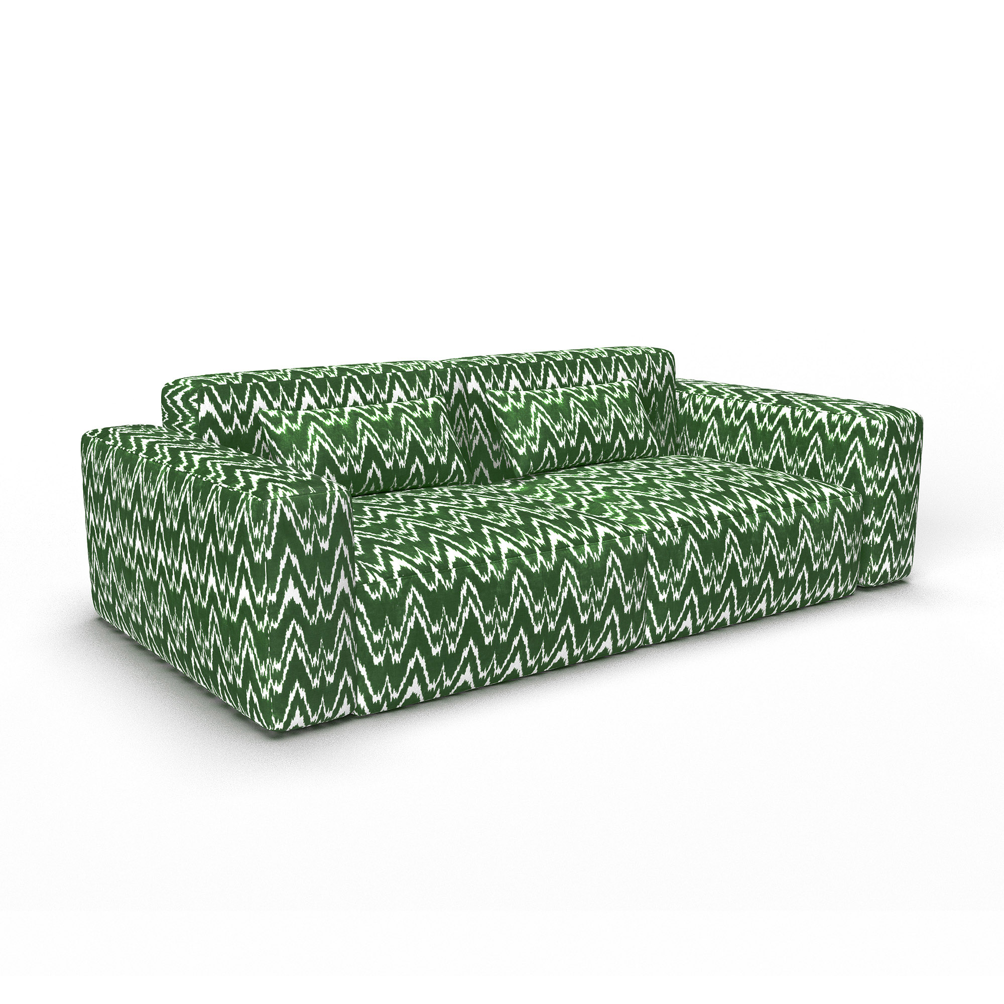 Sofá Janano verde decoración Lorenzo Castillo telas geométrico ikat tapizado