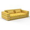 Sofá Javier amarillo decoración Lorenzo Castillo telas geométrico tapizado