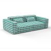 Sofa Lolo azul verde decoración Gastón y Daniela Lorenzo Castillo telas geometrico tapizado