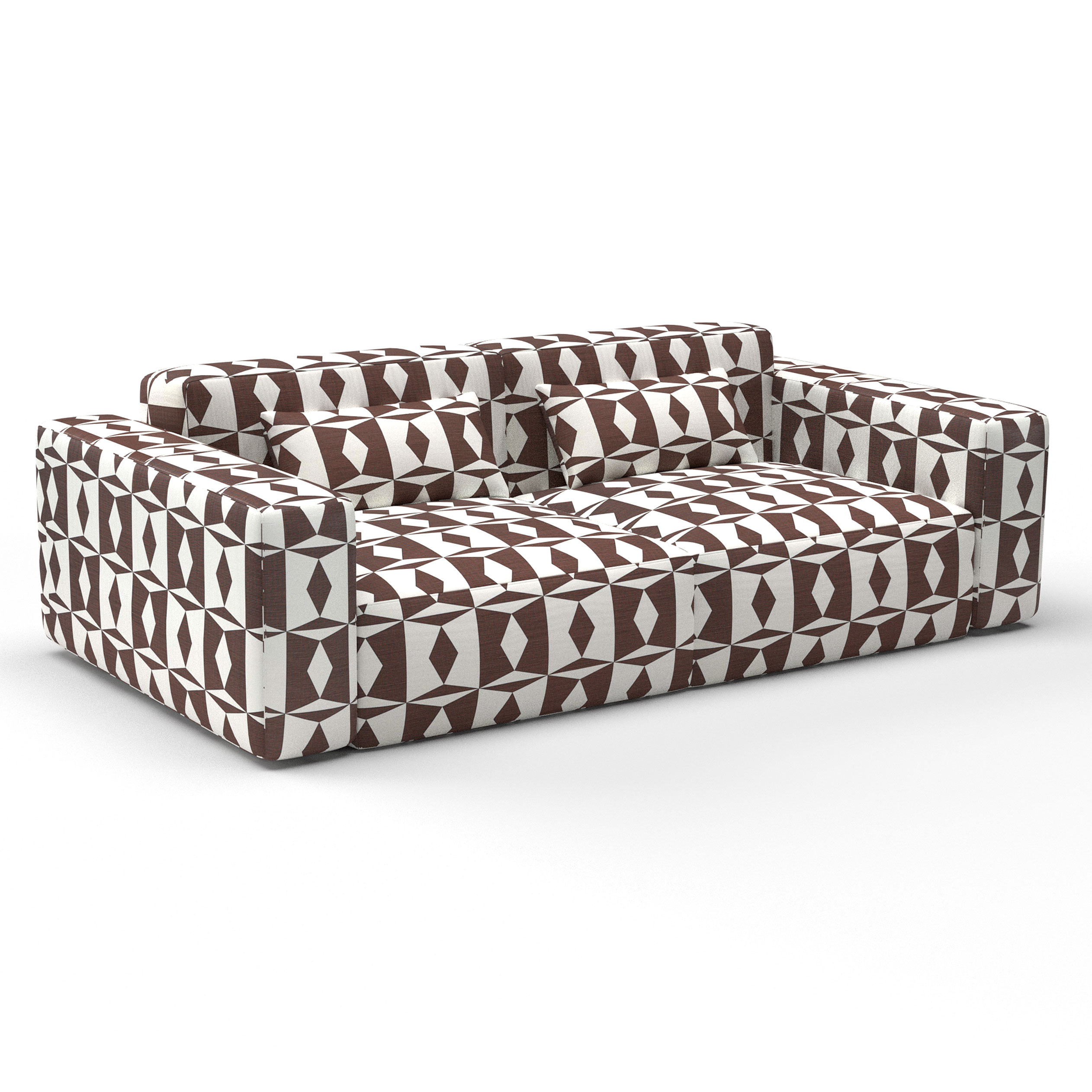 Sofa Manises marron decoración Gastón y Daniela telas geometrico tapizado