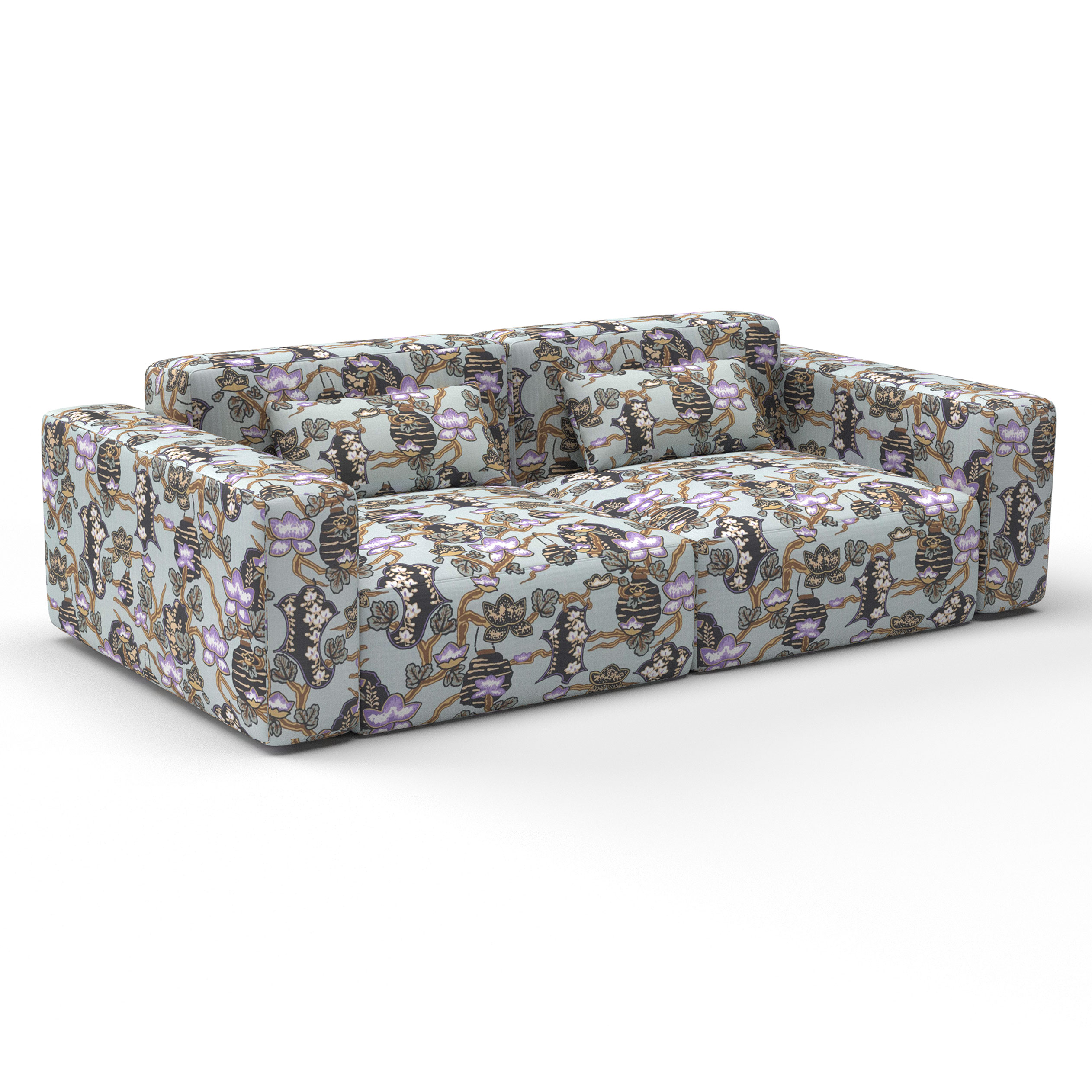Sofá María fondo agua lavanda decoración Lorenzo Castillo telas floral oriental tapizado