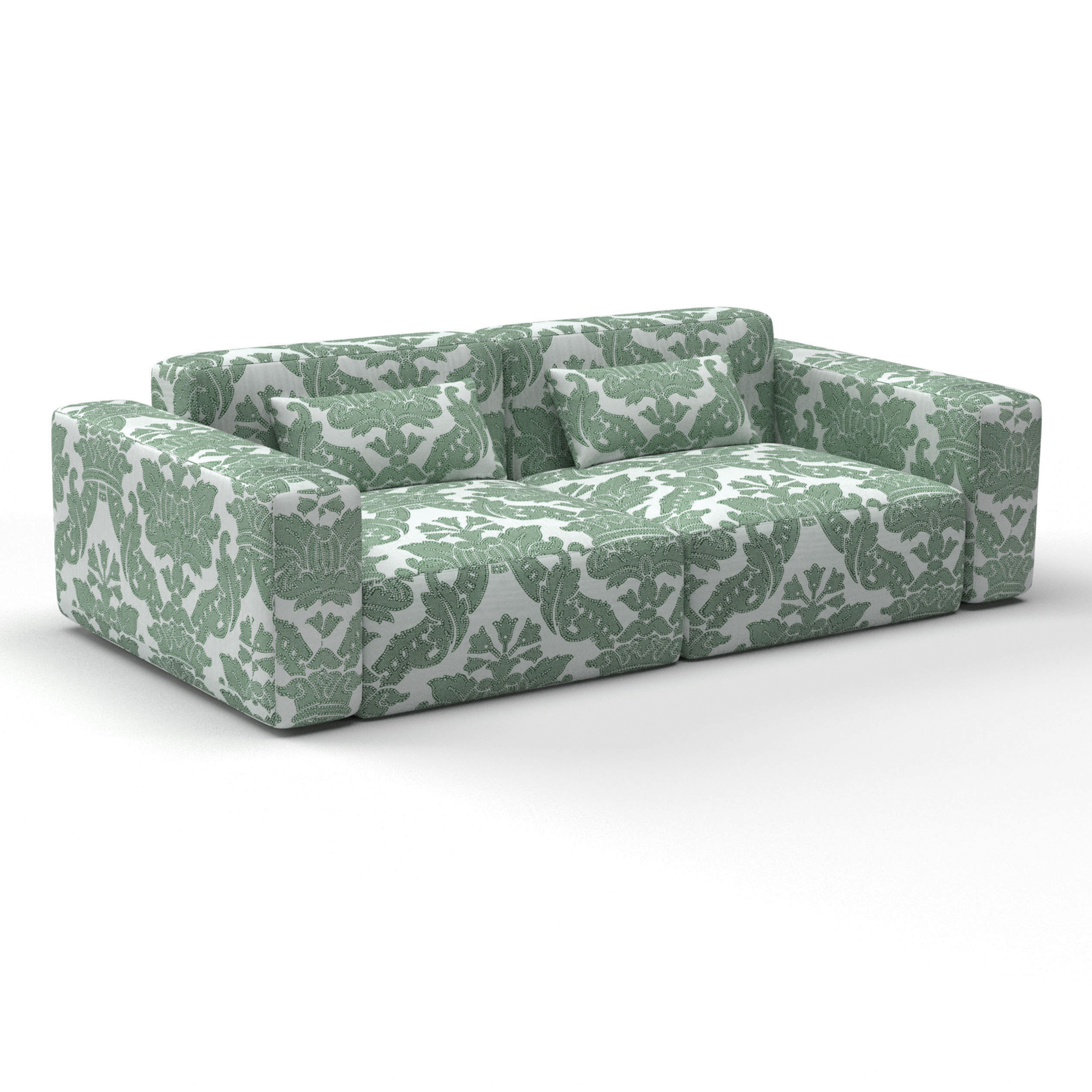 Sofá Pelayo verde decoración Lorenzo Castillo telas damasco tapizado