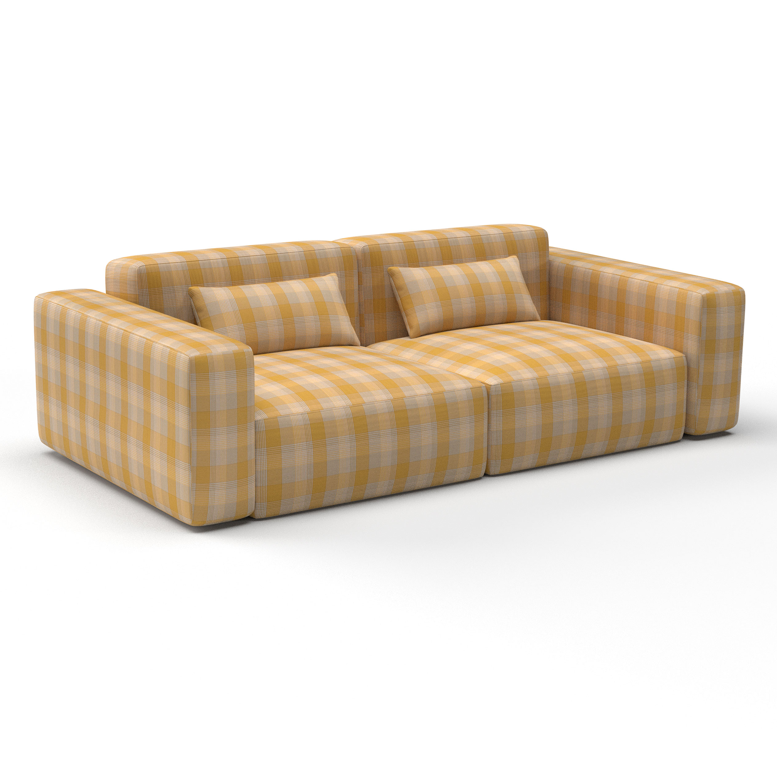 Sofá Preciados amarillo decoración Gastón y Daniela telas cuadros tapizado