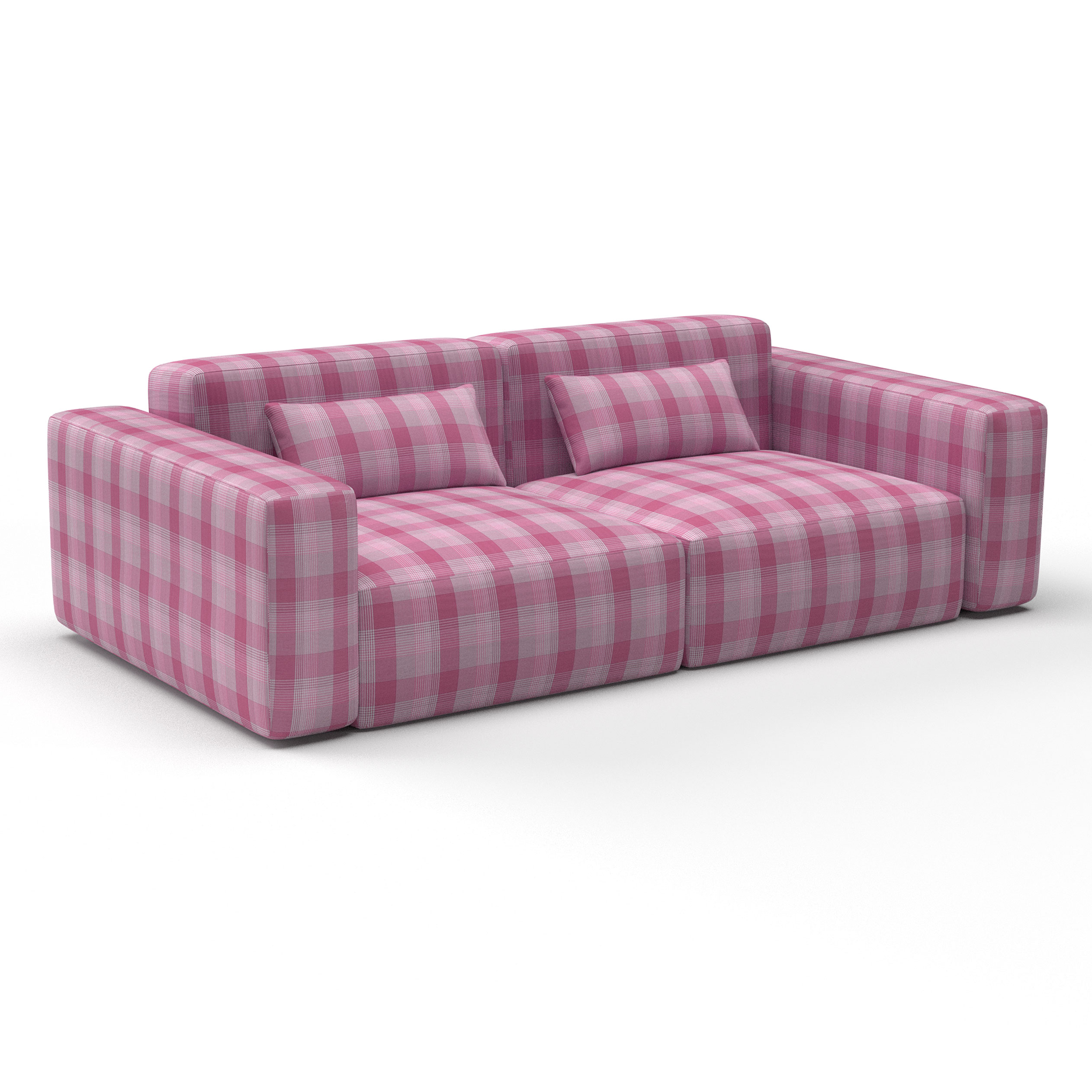 Sofá Preciados rosa decoración Gastón y Daniela telas cuadros tapizado