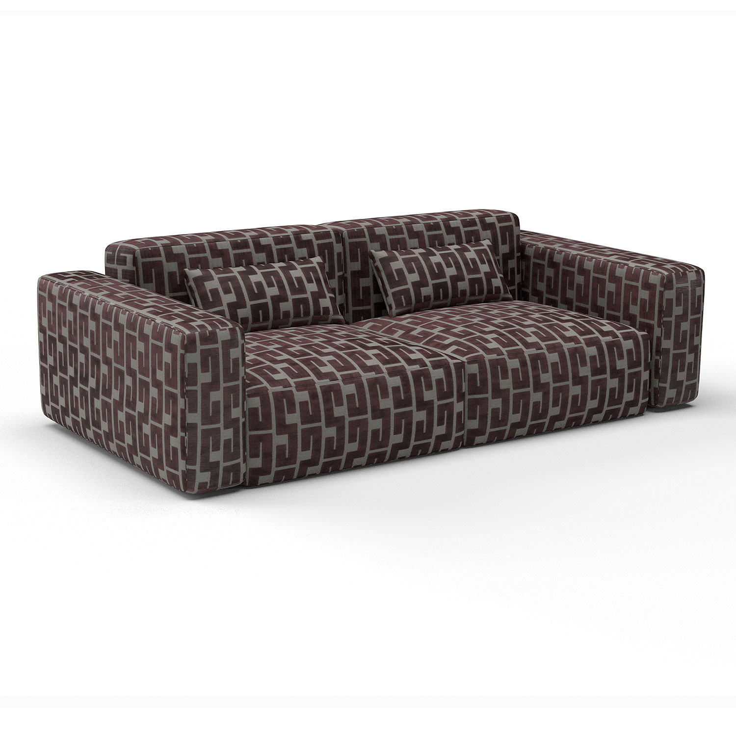Sofa Saint Yago chocolate decoración Gastón y Daniela Lorenzo Castillo telas geometrico tapizado