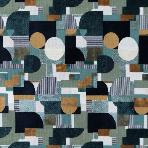 LCT-1167-001 Tela Mares de Gaston y Daniela. Coleccion de Lorenzo Castillo. Diseño geometrico en terciopelo para tapiceria en color verdes y negros. Decoracion de interiores