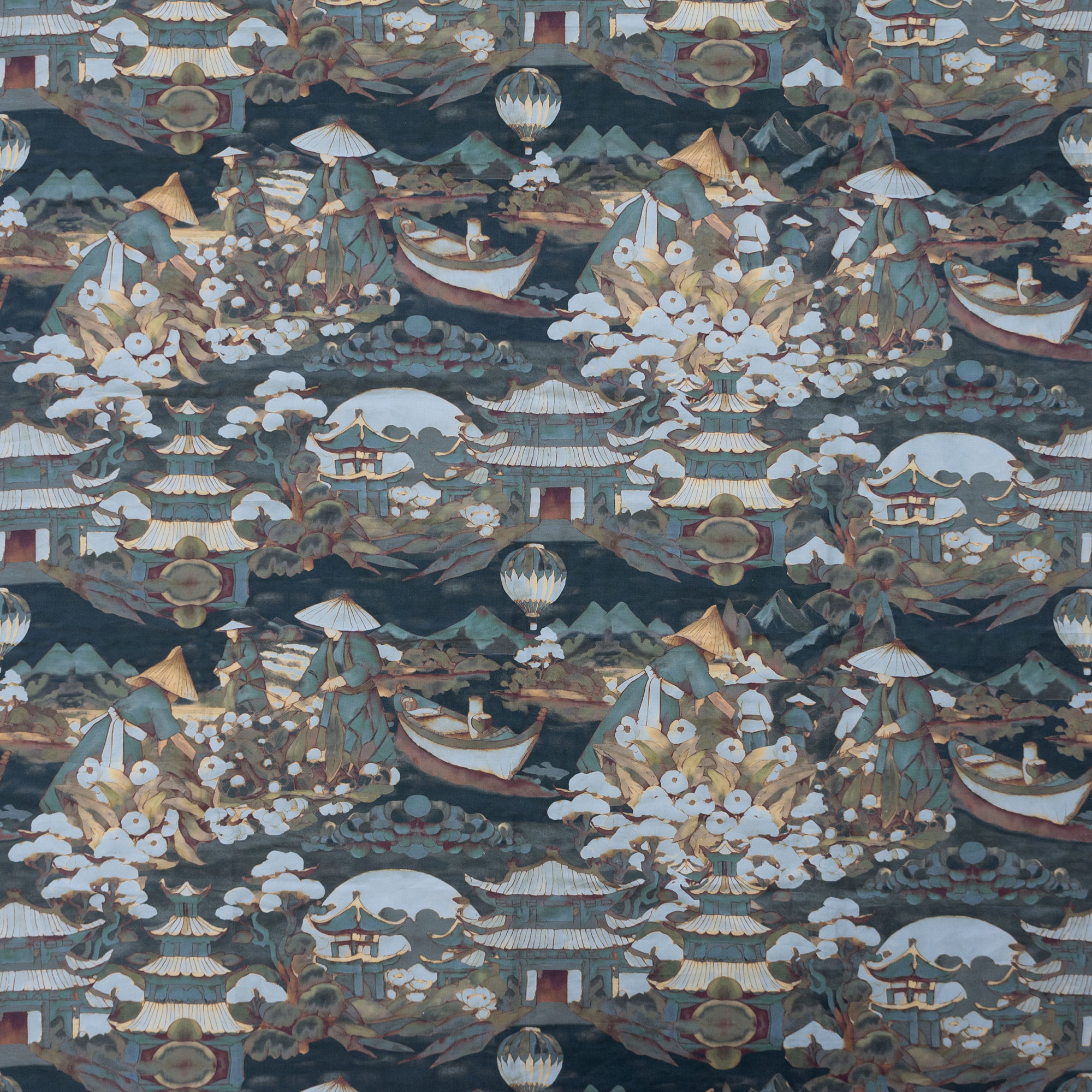 LCT-1176-001 Tela Tembo Original de Gaston y Daniela. Coleccion de Lorenzo Castillo. Estampado oriental, en algodon y lino para cortinas en color grises y negros. Decoracion de interiores