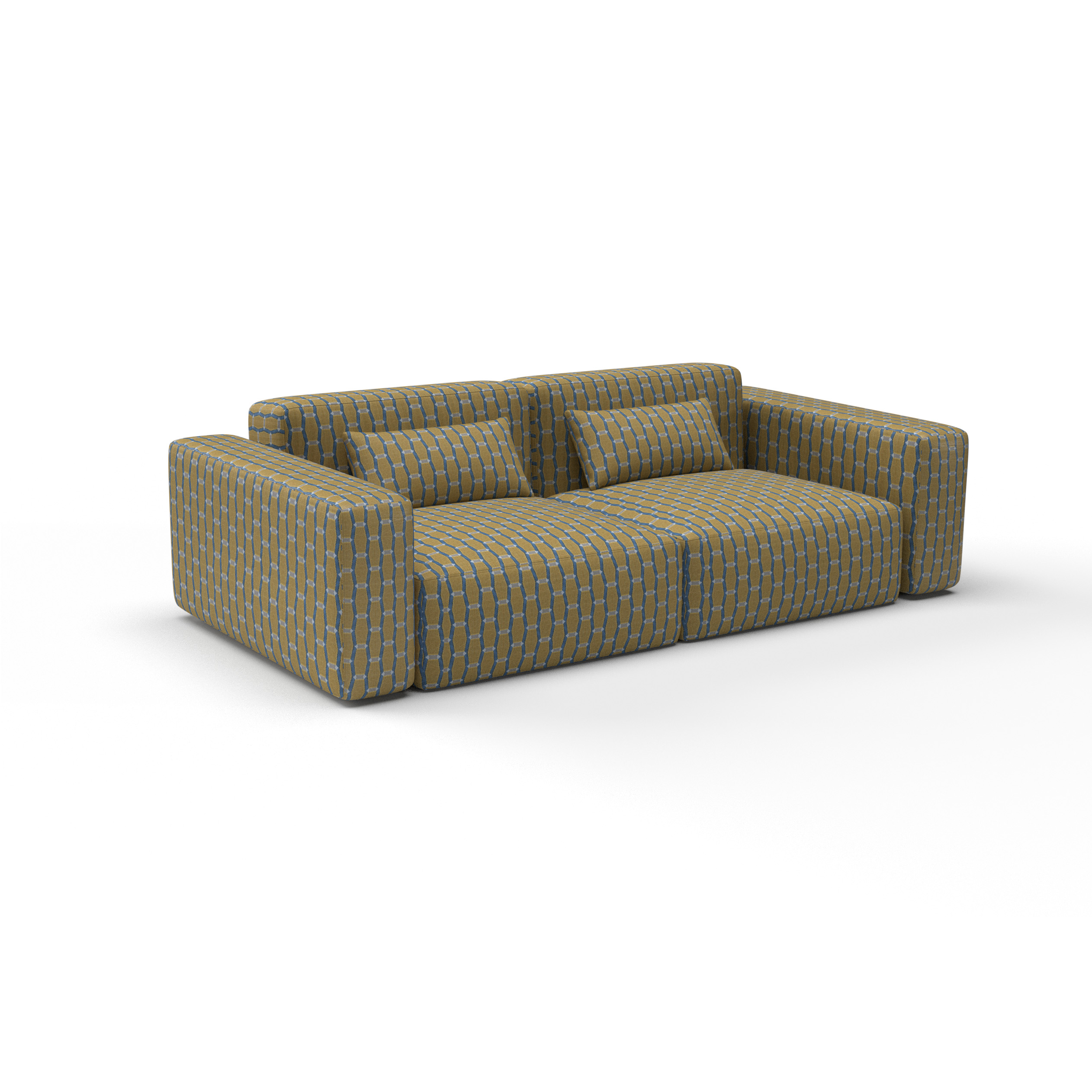 Sofa Tela Acebuche Oro Azul de Gaston y Daniela. Coleccion de Lorenzo Castillo. Diseño geometrico de terciopelo para tapiceria. Decoracion de interiores.