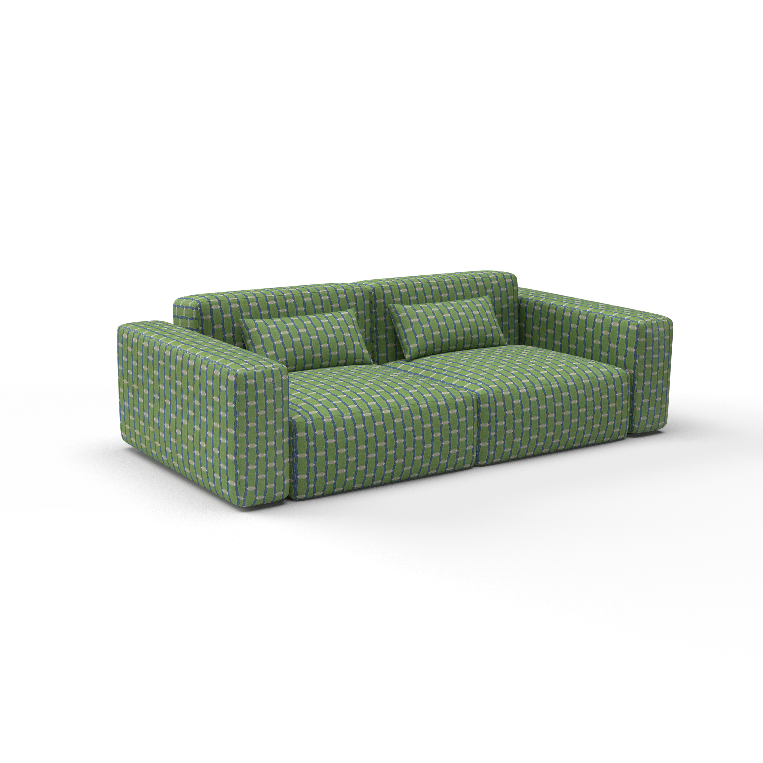 Sofa Tela Acebuche Verde Azul de Gaston y Daniela. Coleccion de Lorenzo Castillo. Diseño geometrico de terciopelo para tapiceria. Decoracion de interiores.