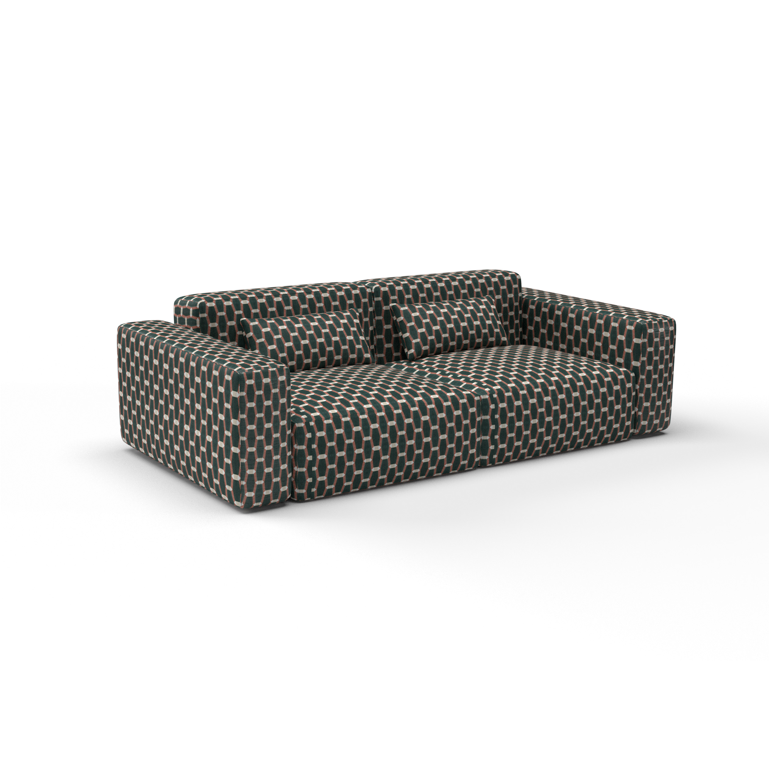 Sofa Tela Acebuche Verde Teja de Gaston y Daniela. Coleccion de Lorenzo Castillo. Diseño geometrico de terciopelo para tapiceria. Decoracion de interiores.