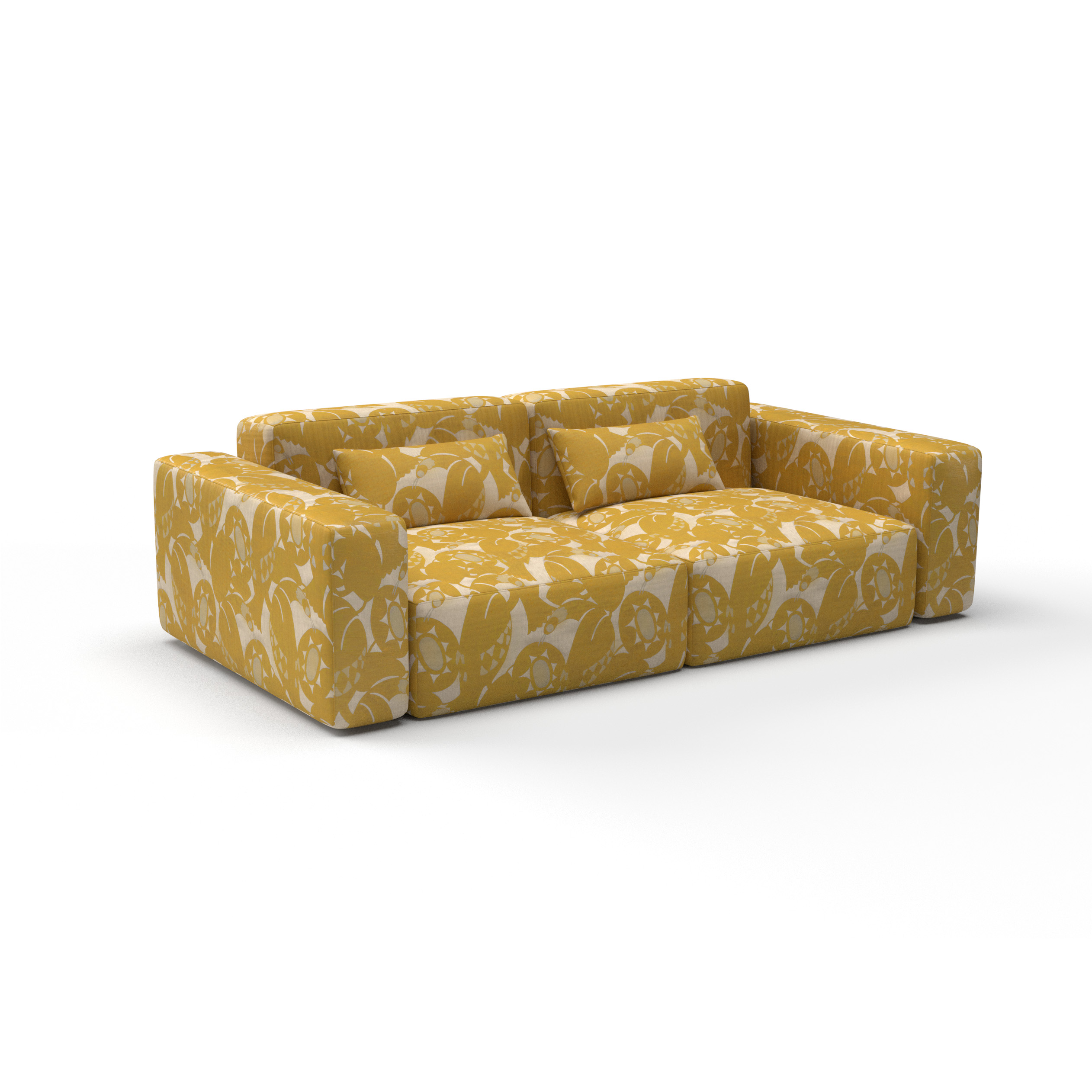 Sofa Tela Aladierno Amarillo de Gaston y Daniela. Coleccion de Lorenzo Castillo. Diseño de pajaros, fauna para cortinas en color amarillo. Decoracion de interiores.