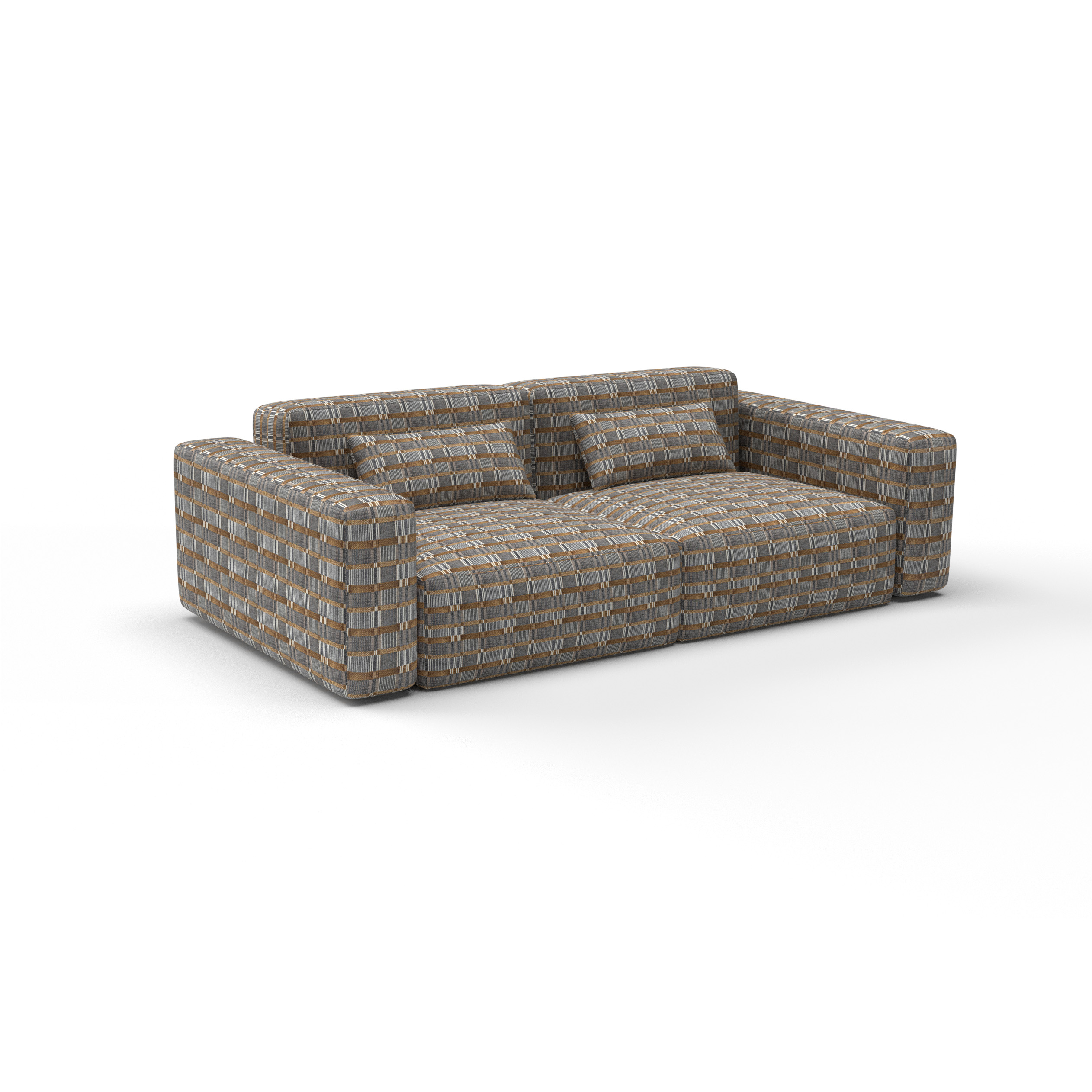 Sofa tela Galdana gris marron de Gaston y Daniela. Coleccion de Lorenzo Castillo. Diseño geometrico para tapiceria. Decoracion de interiores.