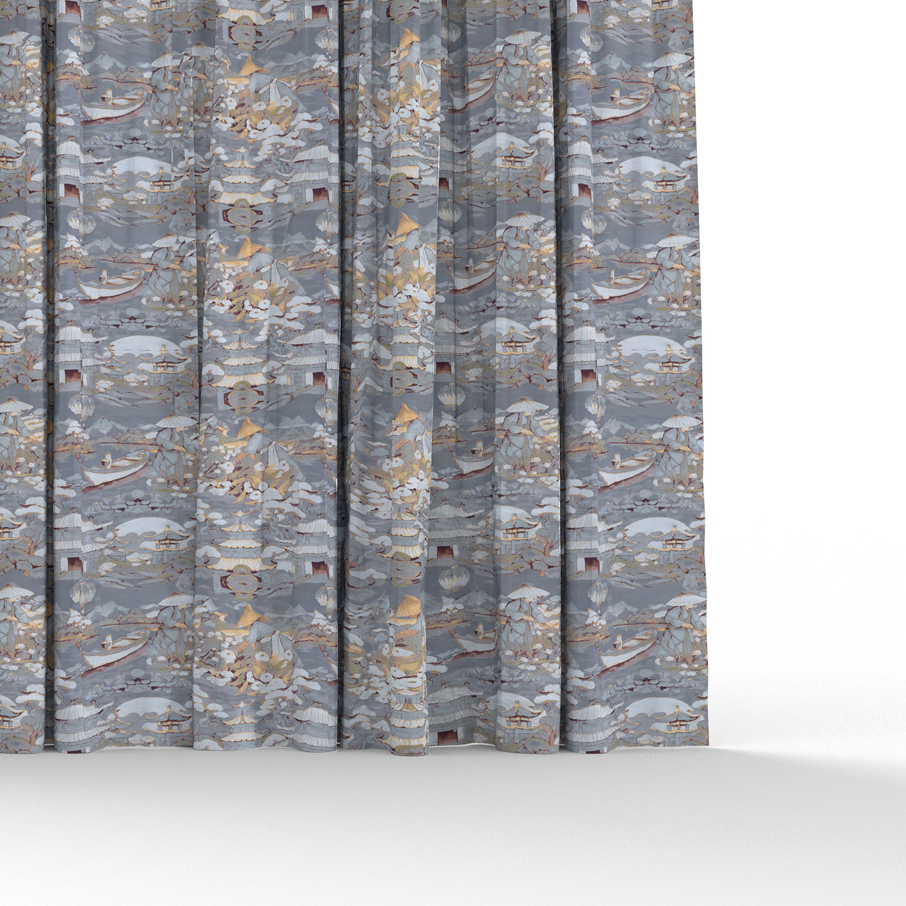 Cortina Tela Tembo gris de Gaston y Daniela. Coleccion Lorenzo Castillo. Estampado oriental de algodon y lino para cortinas. Decoracion de interiores