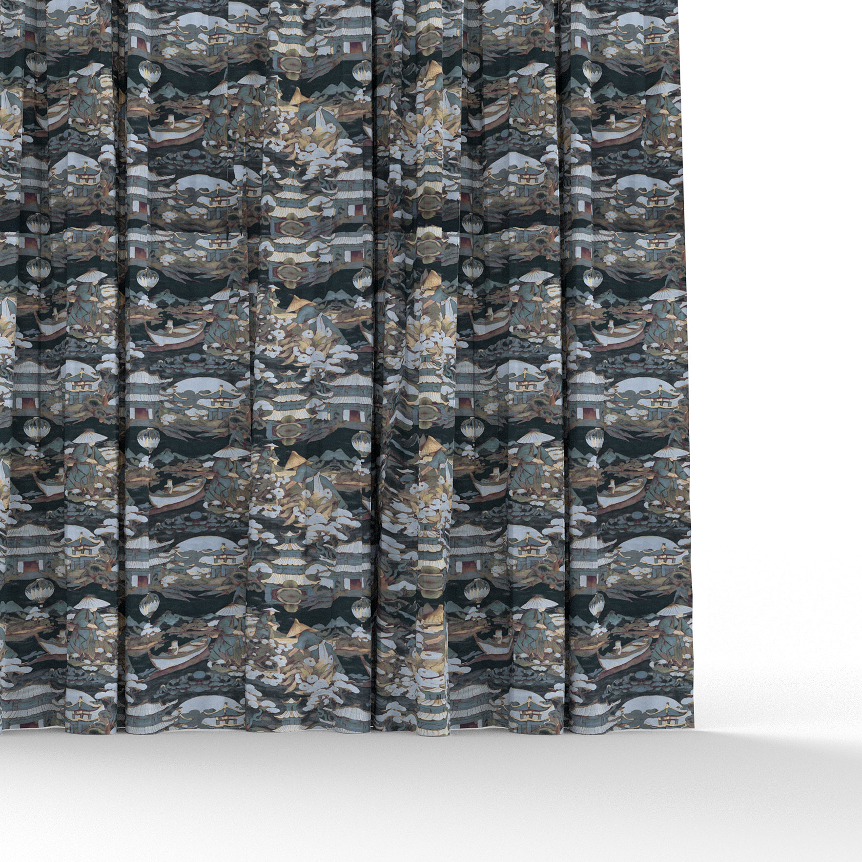 Cortina Tela Tembo negro de Gaston y Daniela. Coleccion Lorenzo Castillo. Estampado oriental de algodon y lino para cortinas. Decoracion de interiores