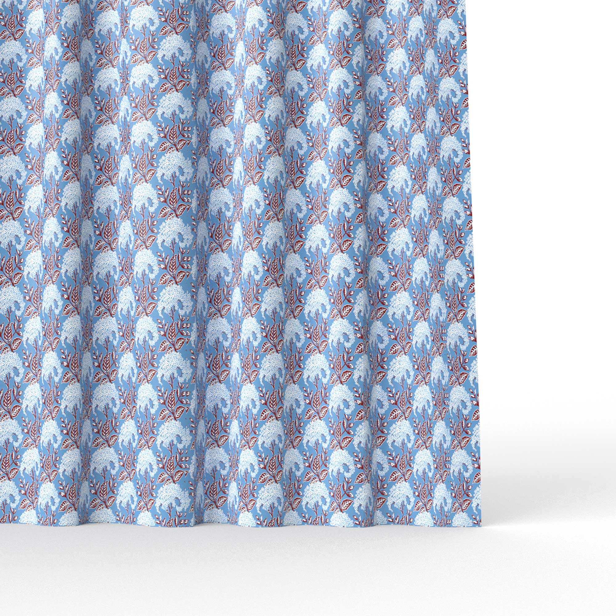 Cortina Amelia azul de Gaston y Daniela. Coleccion Lorenzo Castillo. Estampado oriental de algodon y lino para cortinas.