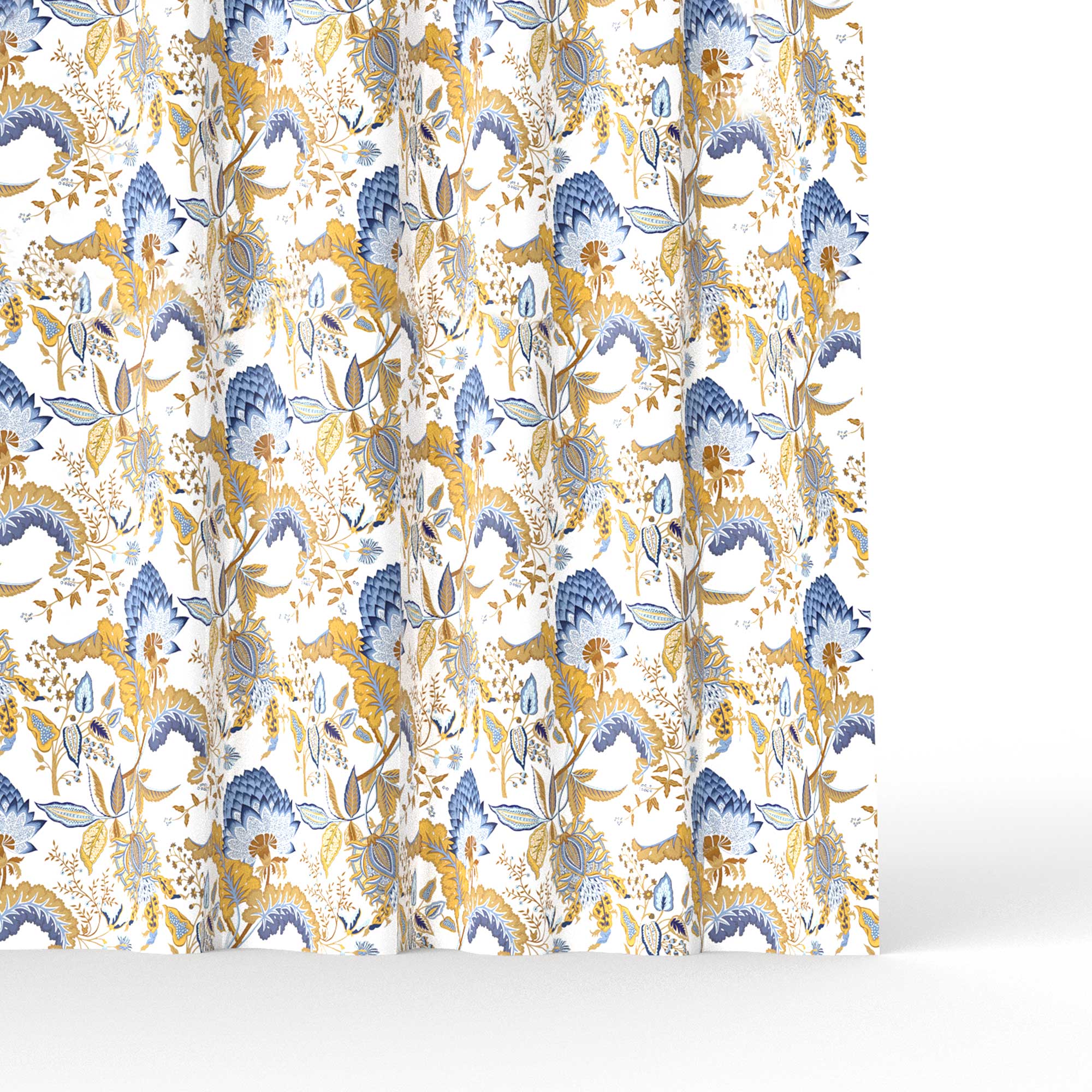 Cortina Tela Paraiso azul de Gaston y Daniela. Coleccion Lorenzo Castillo. Estampado oriental de algodon y lino para cortinas.
