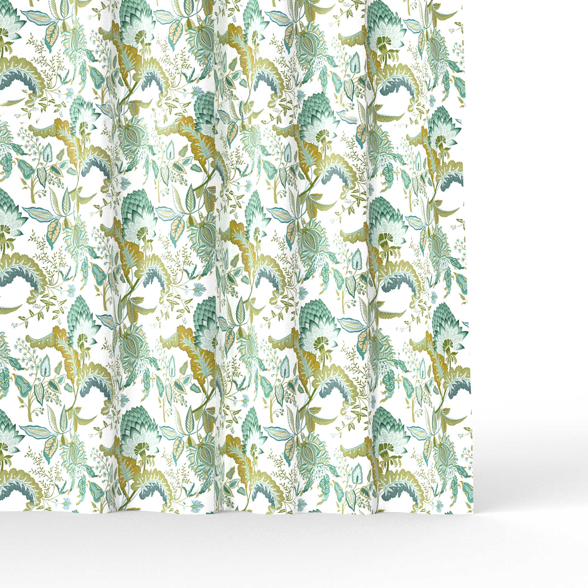 Cortina Tela paraiso verde de Gaston y Daniela. Coleccion Lorenzo Castillo. Estampado oriental de algodon y lino para cortinas.