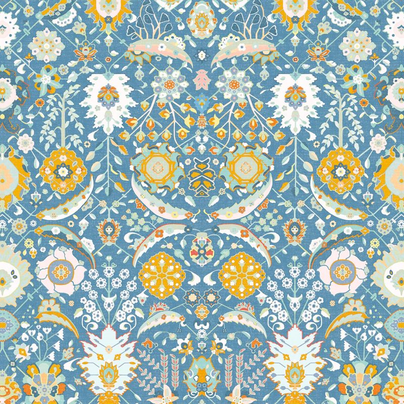 GDT-5792-001 Tela Eduarda Azul de Gaston y Daniela. Estampado floral y botanico para tapiceria. Decoracion de interiores.