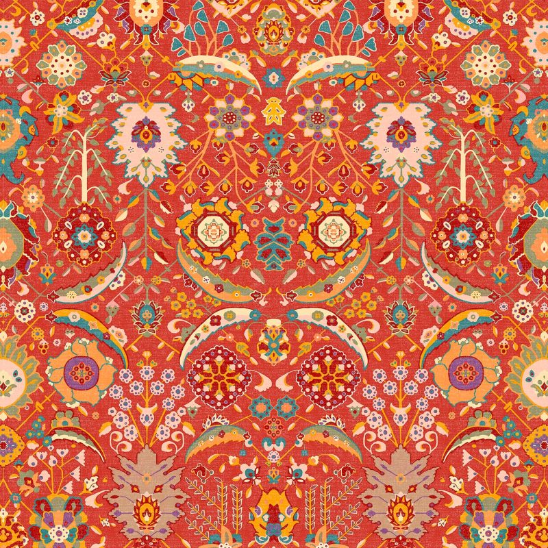 GDT-5792-004 Tela Eduarda Teja de Gaston y Daniela. Estampado floral y botanico para tapiceria en tono naranja. Decoracion de interiores.