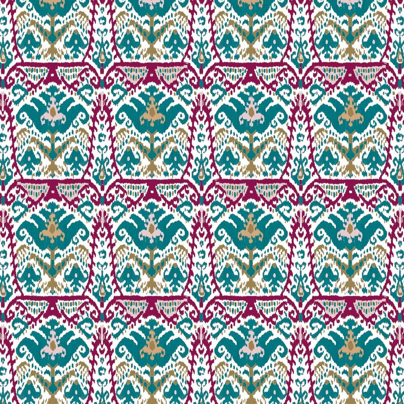GDT-5793-001 Tela Doga agua y fresa de gastón y daniela con diseño ikat. Estampado de algodón para tapicería. Decoración de interiores.