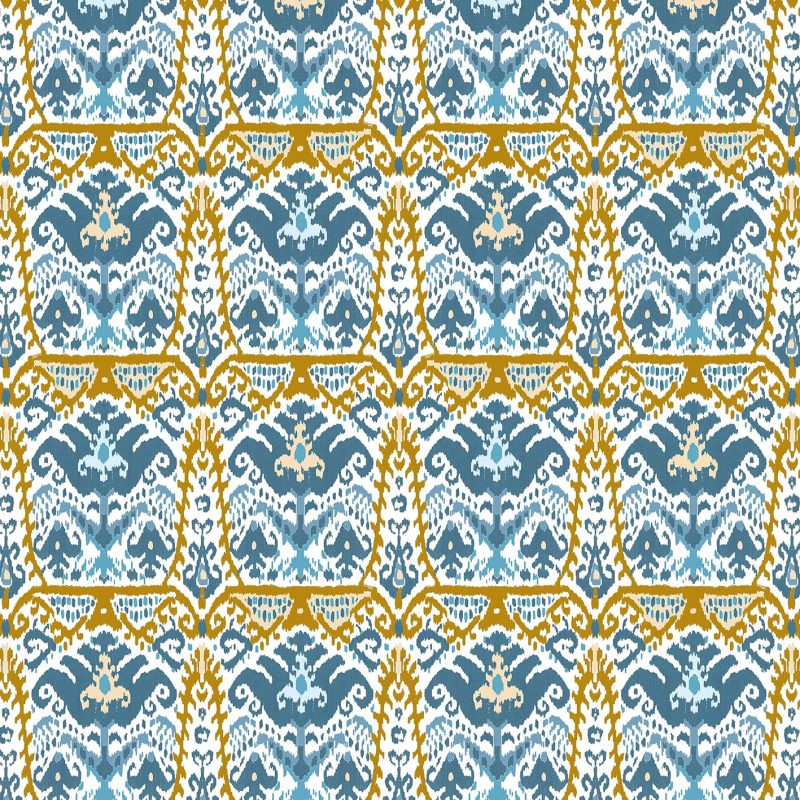 GDT-5793-003 Tela Doga oro y azul de gastón y daniela con diseño ikat. Estampado de algodón para tapicería. Decoración de interiores.