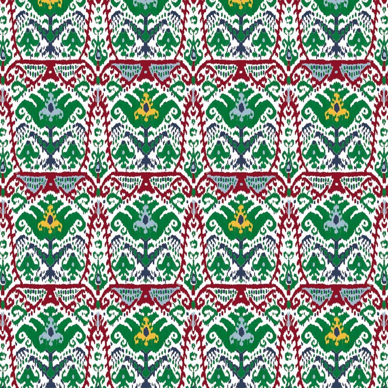 GDT-5793-005 Tela Doga rojo y verde de gastón y daniela con diseño ikat. Estampado de algodón para tapicería. Decoración de interiores.