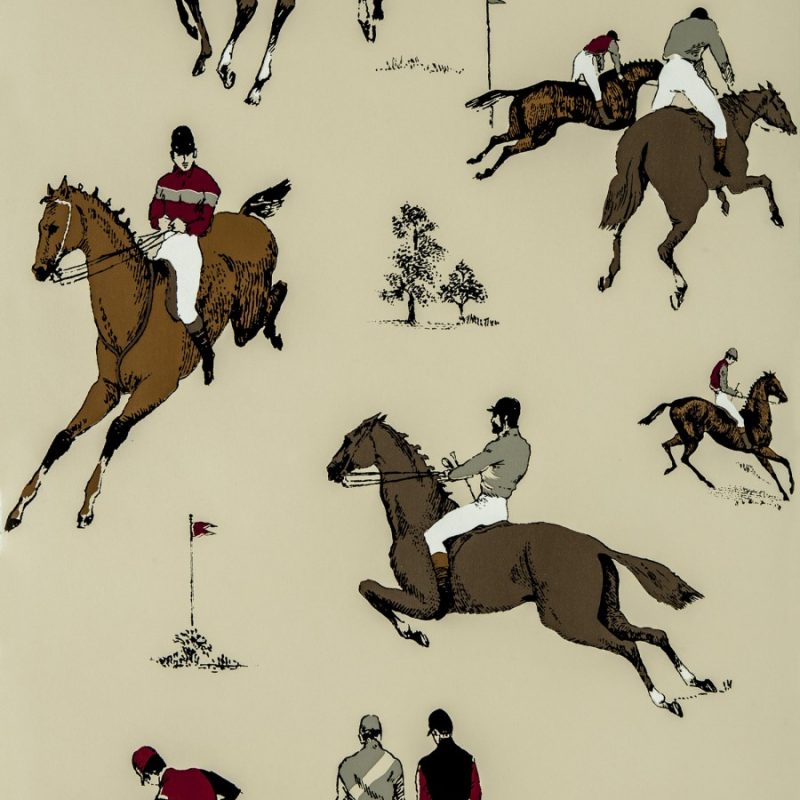 Papel pintado hipodromo crudo rojo coleccion origen dos dibujo personas