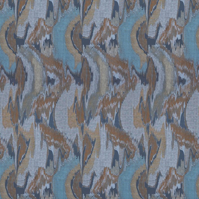 LCT-1163-004 Tela Turqueta Original de Gaston y Daniela. Coleccion de Lorenzo Castillo. Estampado con diseño abstracto para cortinas en color tostados y azules. Decoracion de interiores