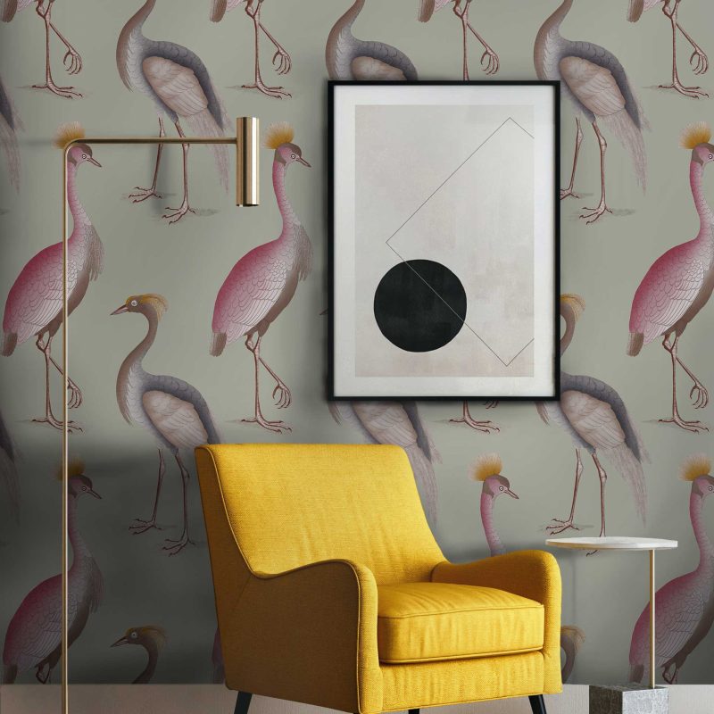 Papel pintado Garzas gris gastón y daniela animales fauna verde decoración comedor salón dormitorio