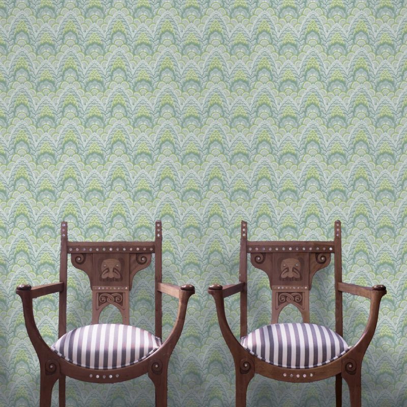 Papel pintado vinílico Ganges verde colección Librería Gastón y Daniela floral étnico geométrico decoración salón dormitorio baño cocina