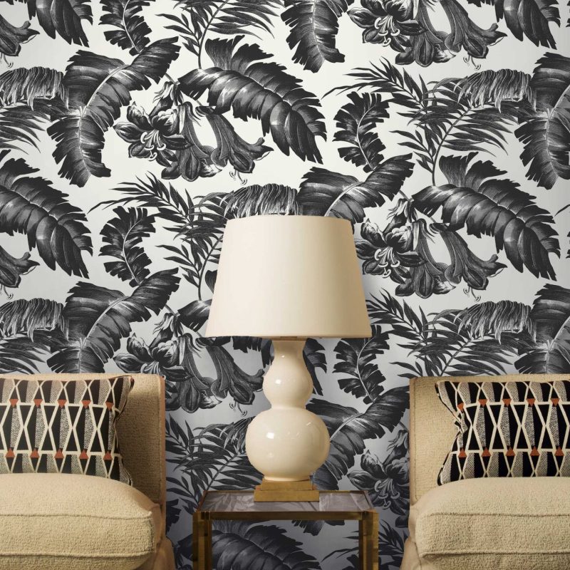 Papel pintado vinílico Plantation Negro colección Librería Gastón y Daniela vegetal naturaleza hojas decoración salón dormitorio baño cocina
